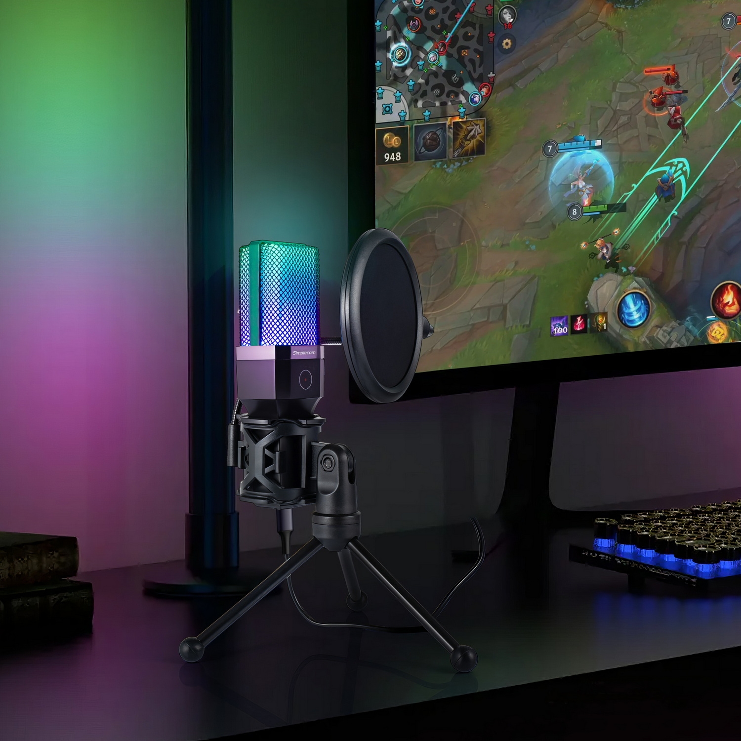 Simplecom UM650 USB Cardioid Condenser Microphone Gaming RGB Lights with Tripod & Pop Filter — image 4