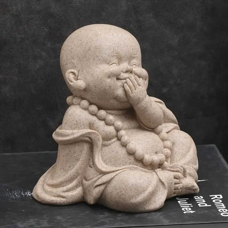 Zen Monk Resin Figurine, 3 poses hear-see-speak no evil, sandstone texture, serene smiling Buddha, perfect for tea pet, desk, car, indoor & garden decor — image 3