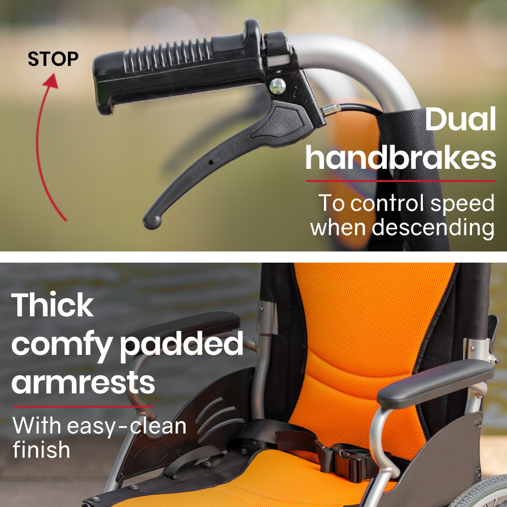 EQUIPMED Folding Aluminium Wheelchair, 20" Wheels, Park Brakes, 100kg Capacity, Orange — image 5