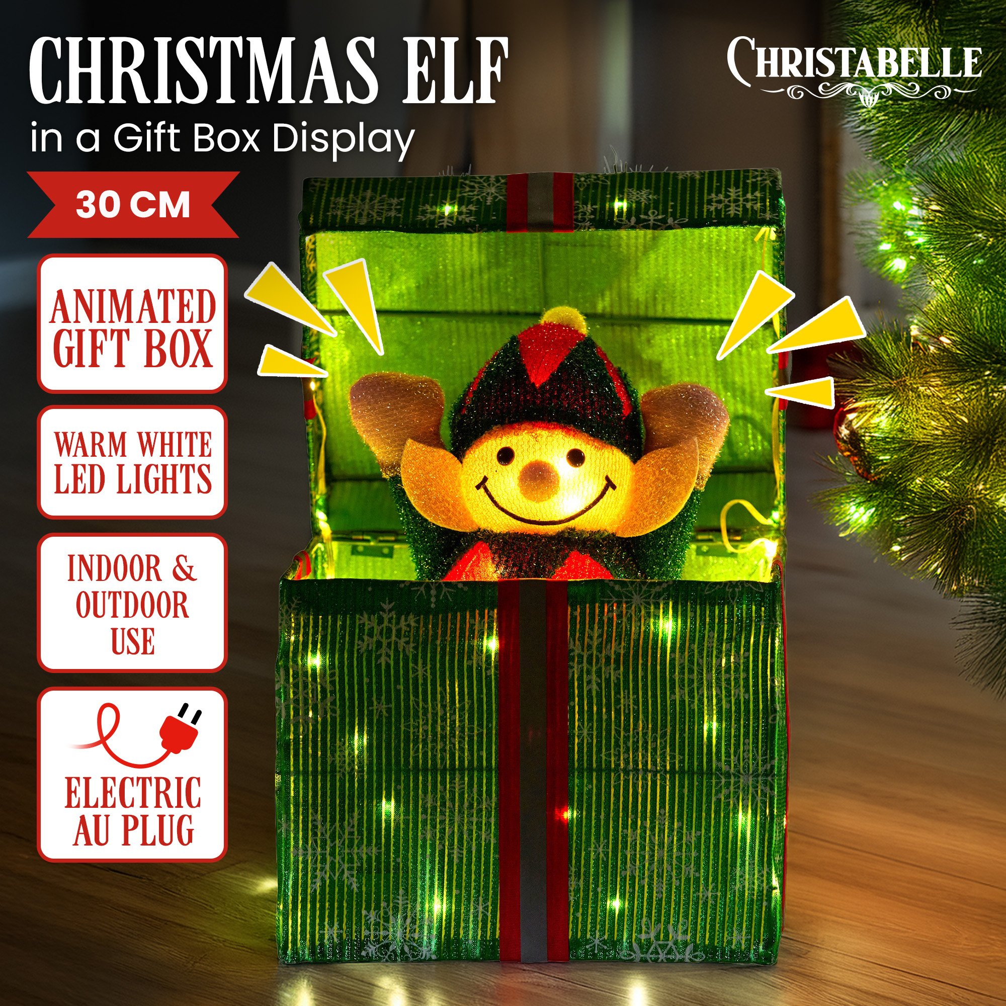 Christabelle Animated Elf in a Gift Box LED Lights Christmas Tree Decoration Ornament Xmas — image 2