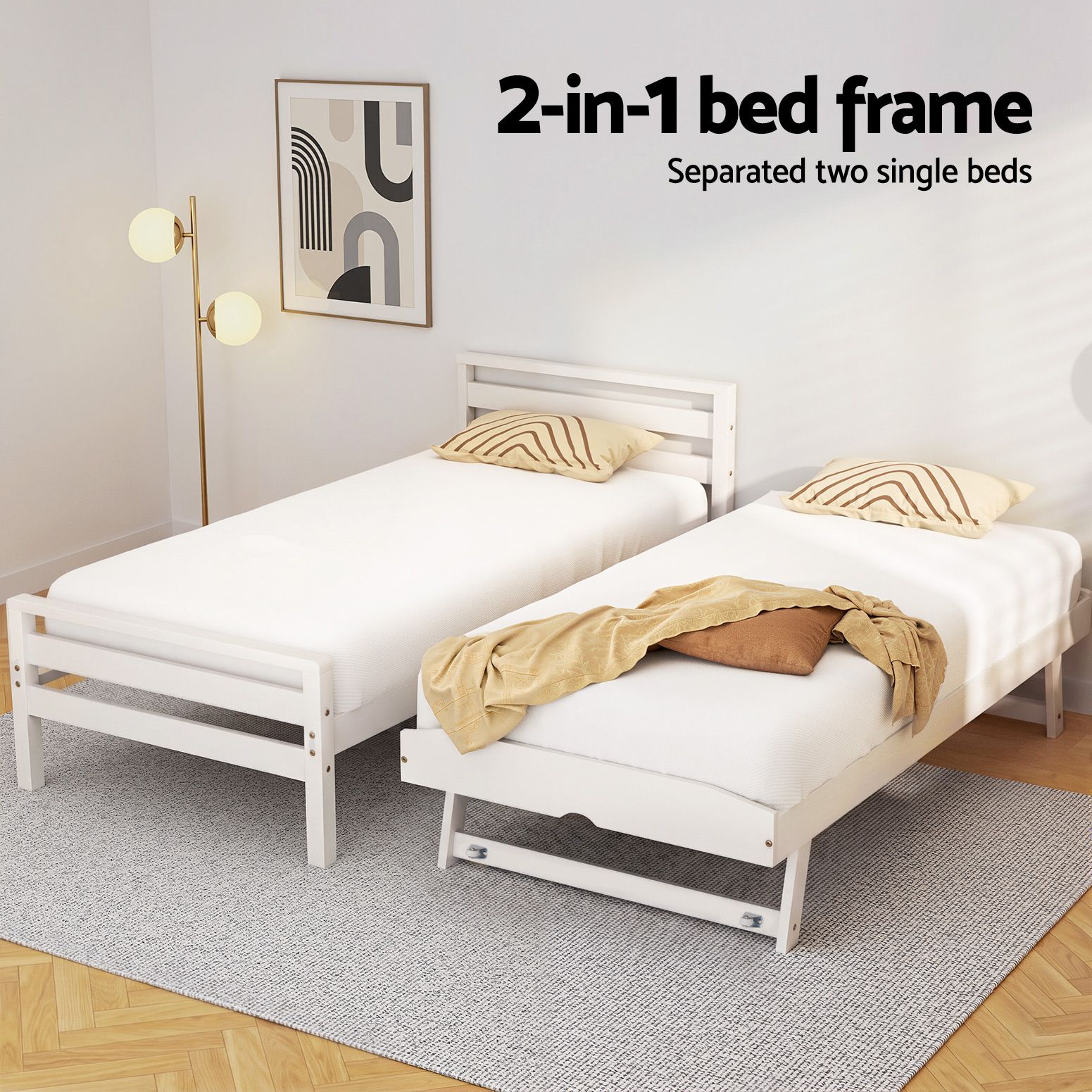 Artiss Bed Frame Single Size 2-in-1 Trundle Wooden White AVIS โ image 4