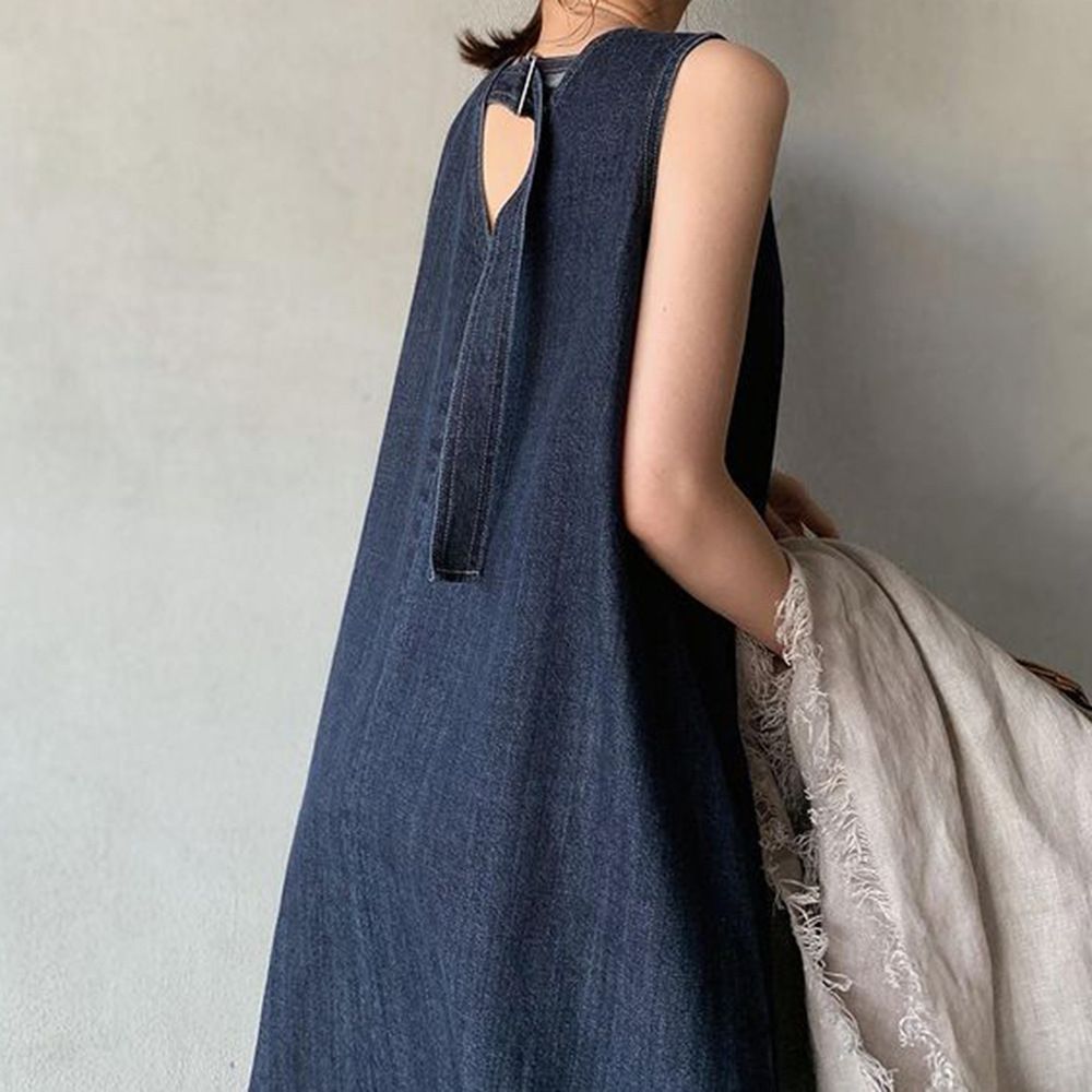Tuoxin Denim Dress Women V Neck Washed Long Sleeveless Light Blue M Size: M; Height (cm): 160-165; Weight (kg): 50-55; Bust (cm): 86-90; Waist (cm): 70-74 — image 3
