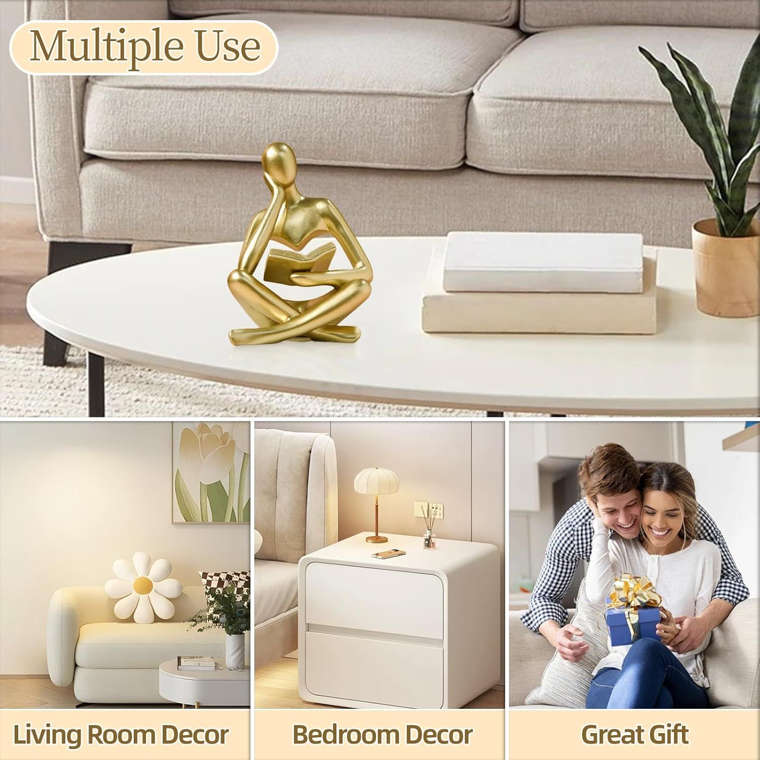Abstract Reading Thinker Statue for Home Decor, Modern Resin Sculpture Figurine for Bookshelf, Desk & Living Room (Gold) — image 6