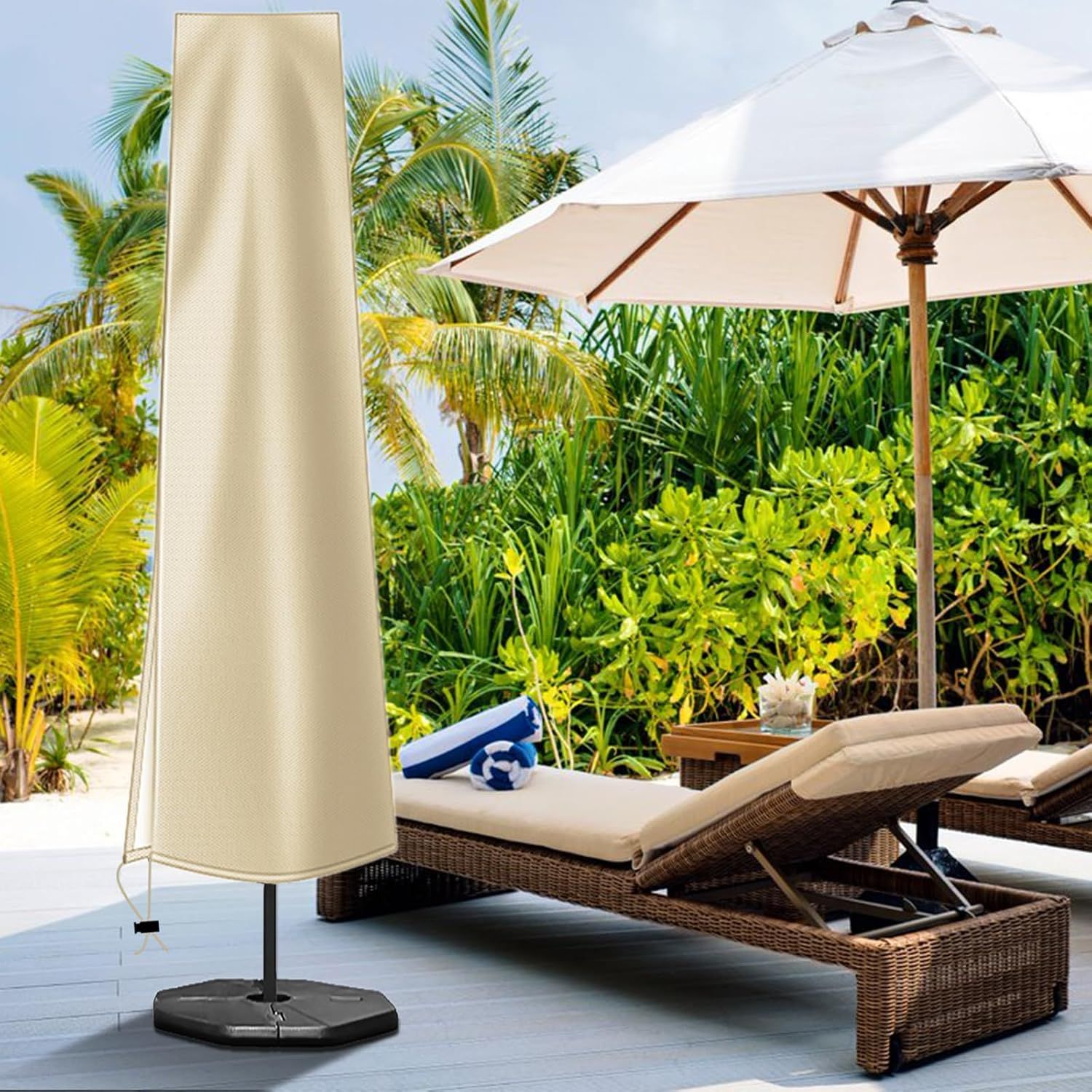 Waterproof 600D Parasol Cover with Zipper, Drawstring and Storage Pouch for Cantilever and Standing Parasols, Khaki, 190 × 50 × 30 cm — image 5
