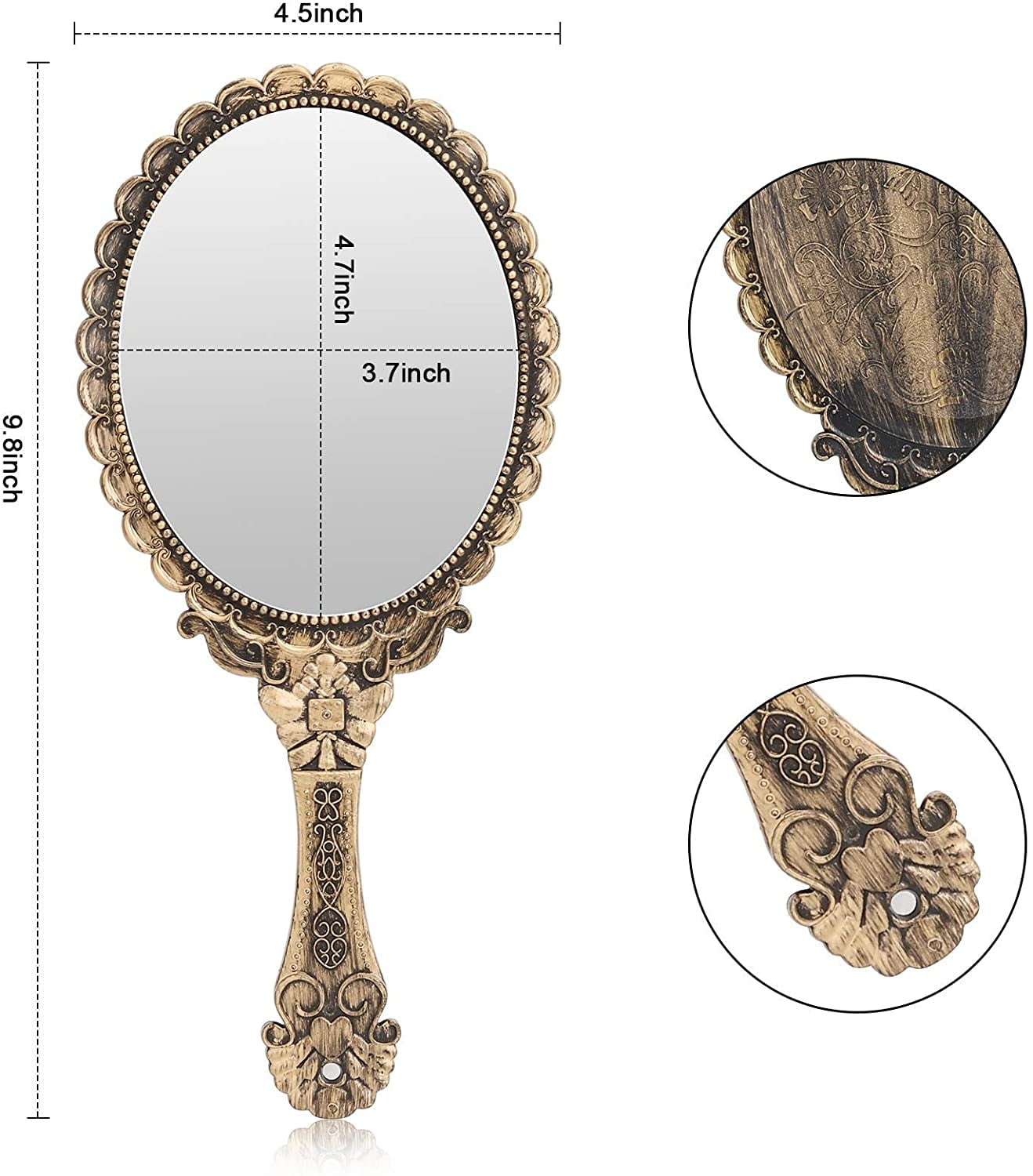 Vintage Handheld Mirror, Small Hand Held Decorative Mirrors for Face Makeup Embossed Flower Portable Antique Travel Personal Cosmetic Mirror Brass Gold β image 2