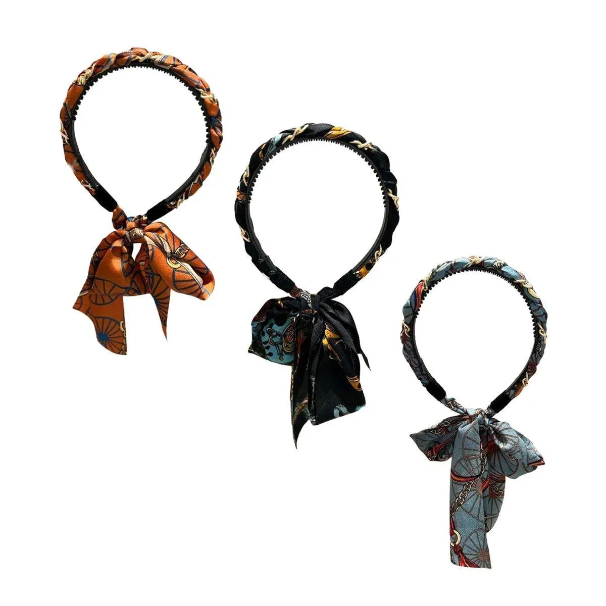 Chains patterned satin headband with Long Scarf Headband Scarf Hair Accessories - Black — image 3