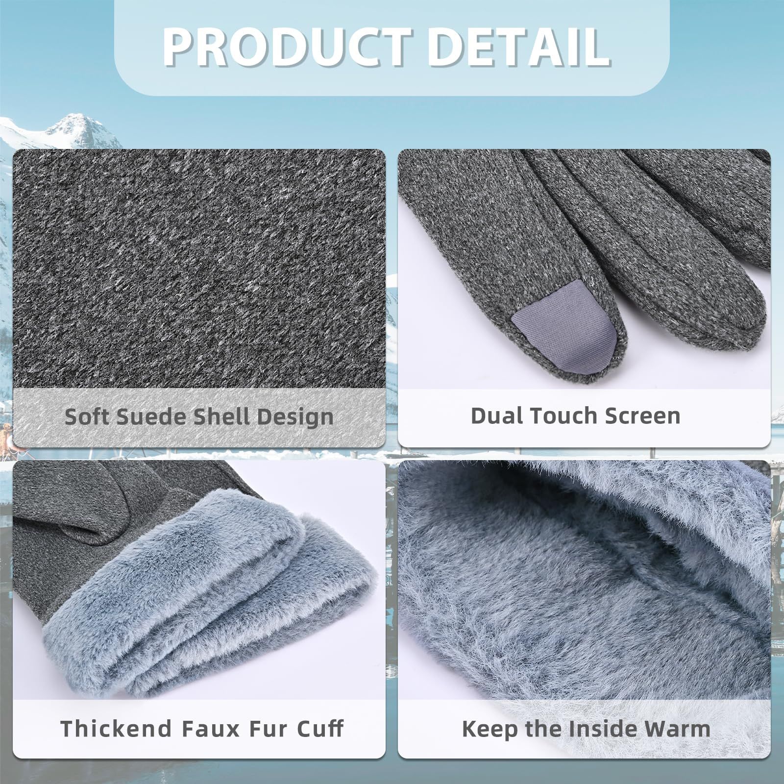 Gloves for Women Girl, Winter Touch Screen, Comfortable and Warm Double-Sided Velvet Lining Thickened Warm Glove,Grey — image 3