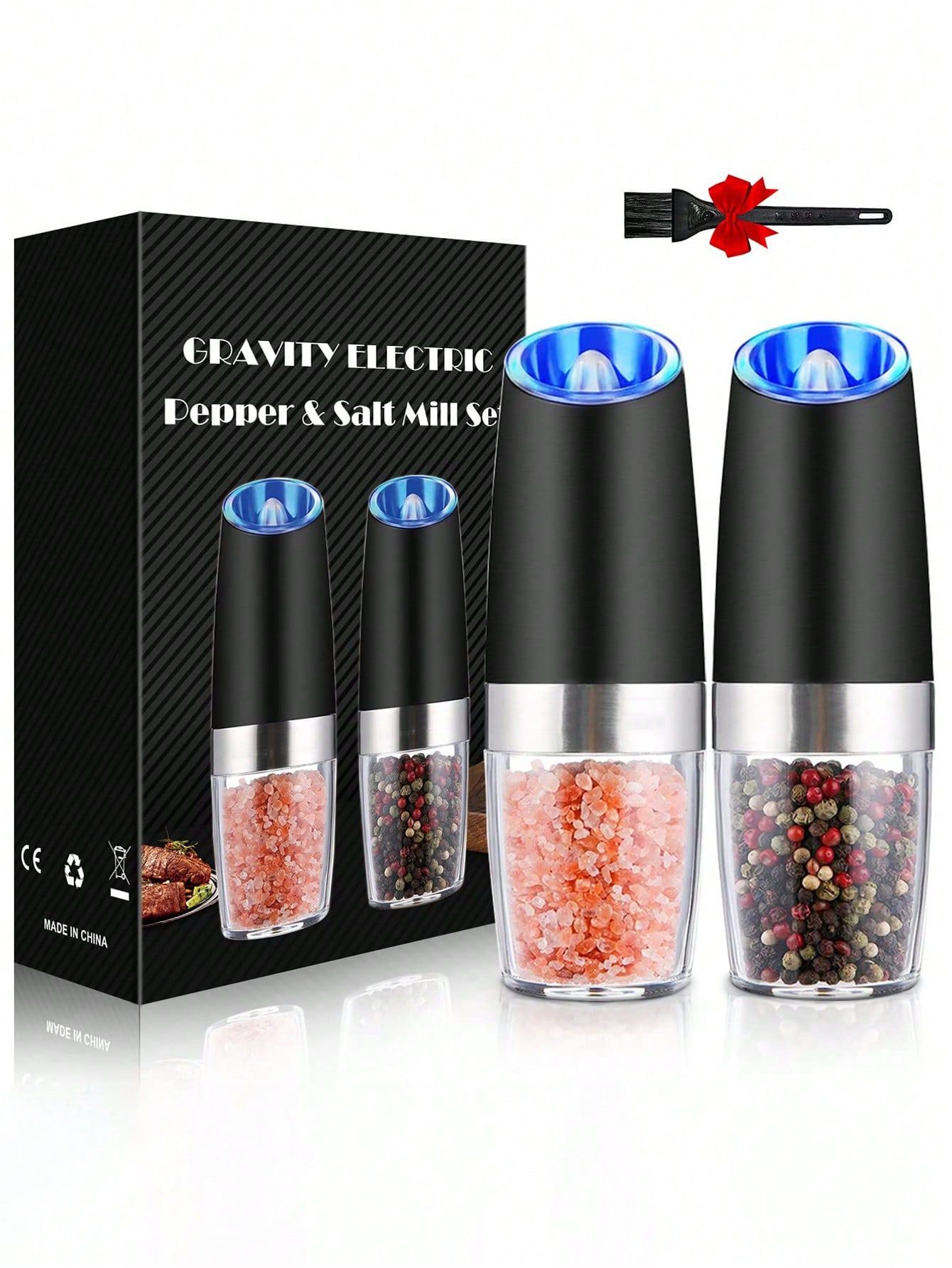 1pcs Gravity Electric Salt Pepper Grinder Set LED Lights Battery Powered One Hand Operation Adjustable Thickness Grinding Shaker Kitchen Gadgets Accessories