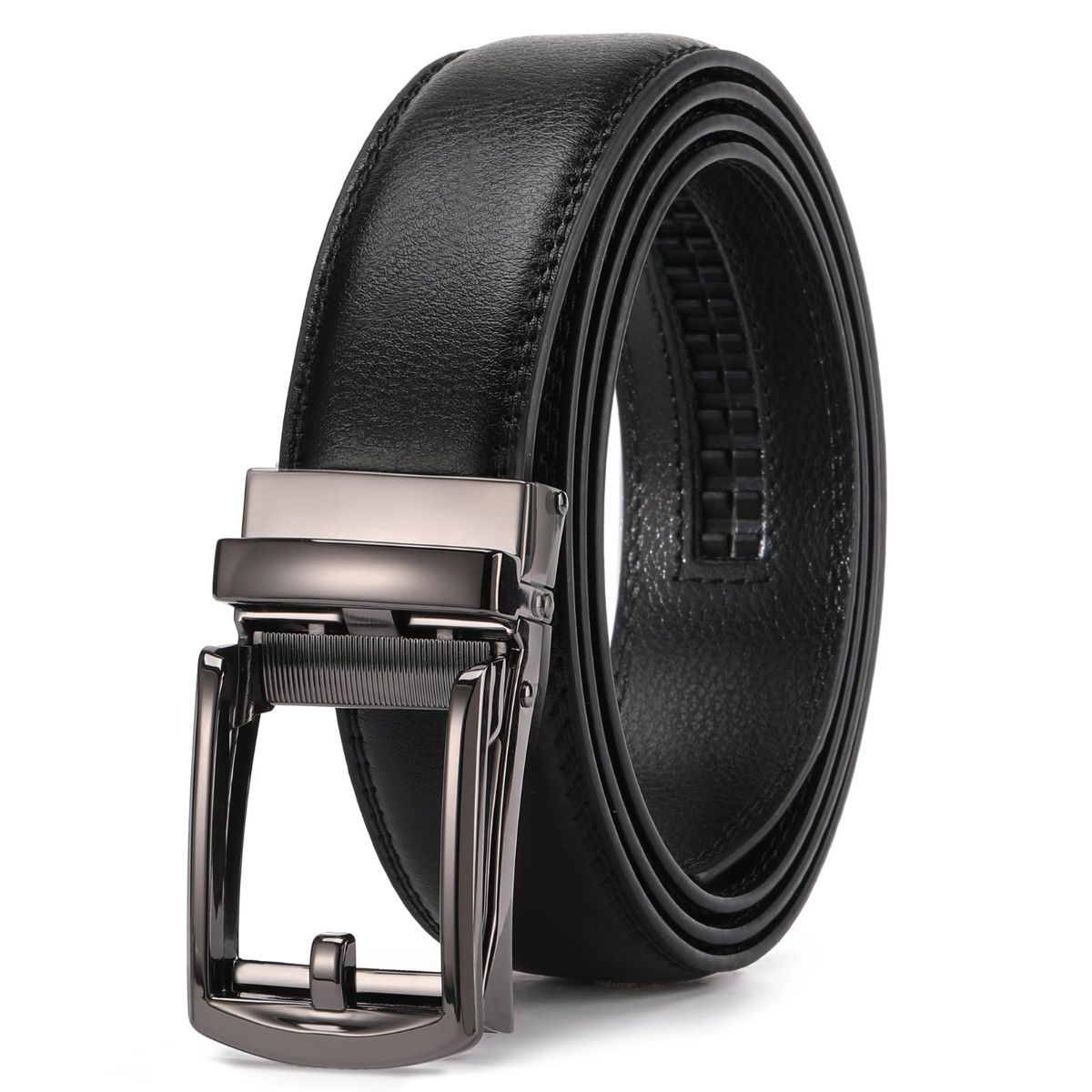 Ratchet Belt for Men Genuine Leather - Micro-Adjust Buckle Trim to Fit Dress Belt Casual to Formal Gift Boxed - Basic Gun - Black - Size 28"-44" Waist