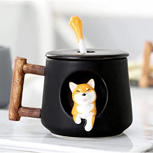 Cute Dog Couple Cup, Ceramic Coffee Mug with a Lid, Cute Paws on the Top of the Spoon, with Matte Texture, (420ML Black Head) — image 5