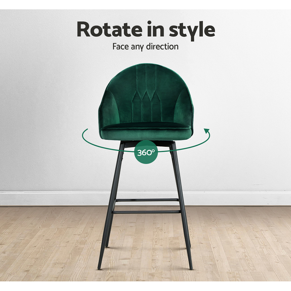 Artiss 2x Bar Stools Velvet Swivel Metal Legs Green — image 6