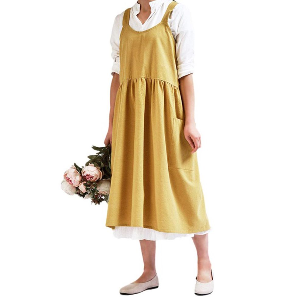 Women Kitchen Cooking Apron with 2 Front Pockets Cotton Linen Apron Coffee Shops Flower Shops Work Cleaning Aprons — image 2