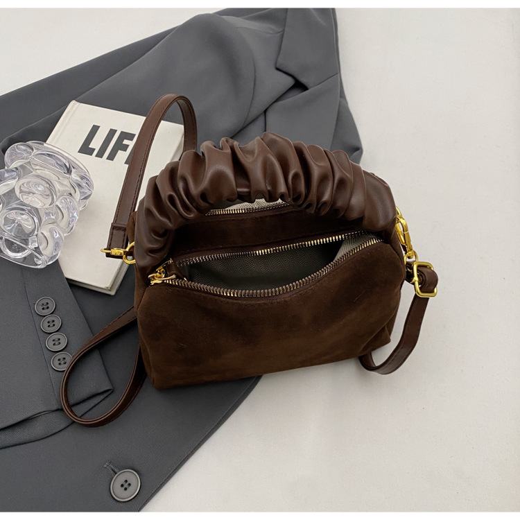 Brown Chic Ruched Handle Crossbody Bag - Womens Faux Suede Top Handle Handbag with Detachable Strap โ image 5