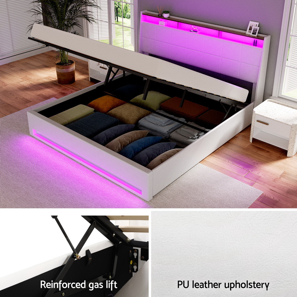 Artiss Bed Frame Gas Lift LED Beds Base Platform White PVC Leather Storage Headboard - King โ image 4
