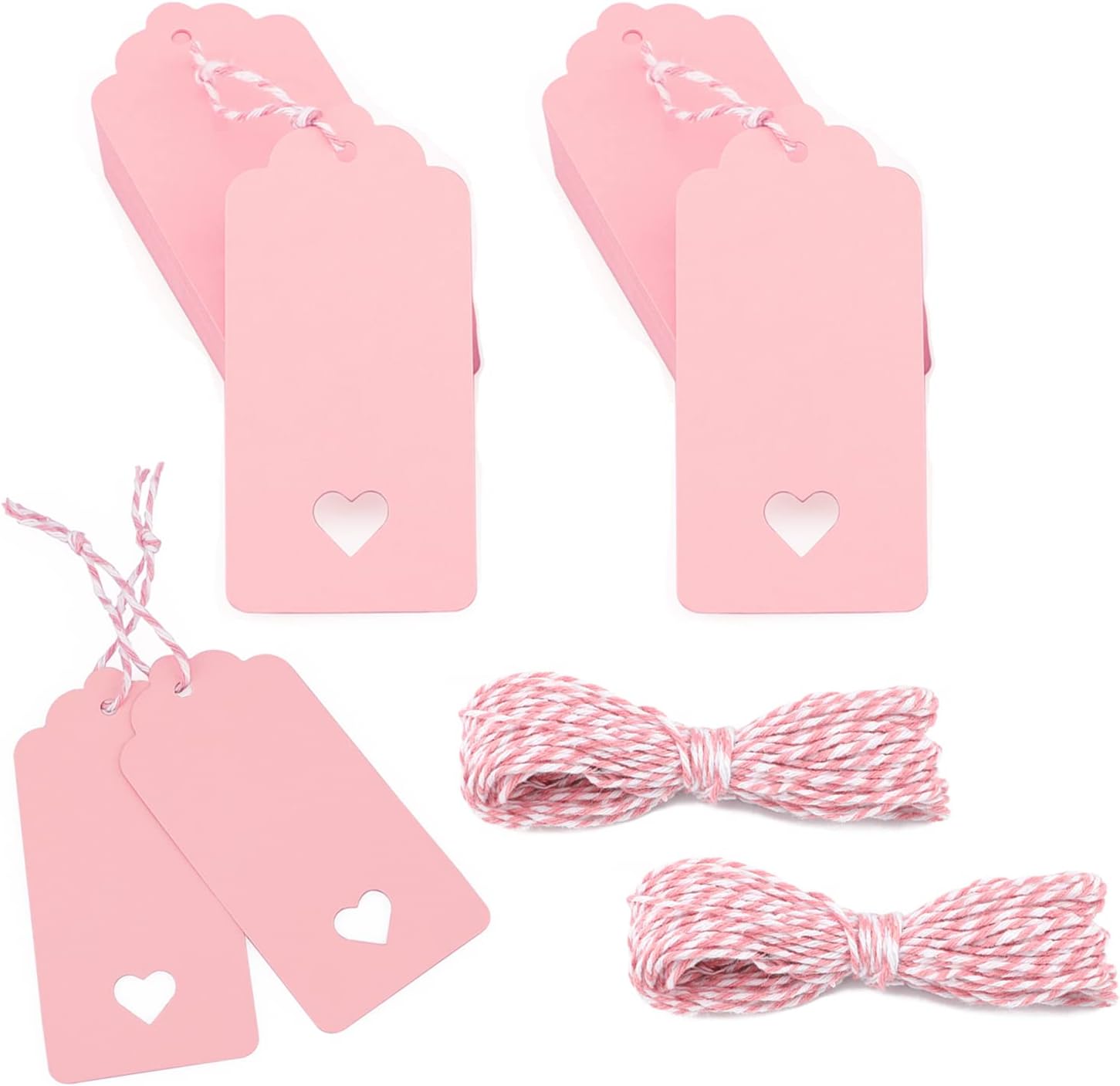 100Pcs Gift Tags with String, Pink Paper Tag with Hollow Heart, 3.7 x 1.7Inch Mother Day Tags, Blank Gift Wrapping Hangtag, Party Favors Tag for Wedding
