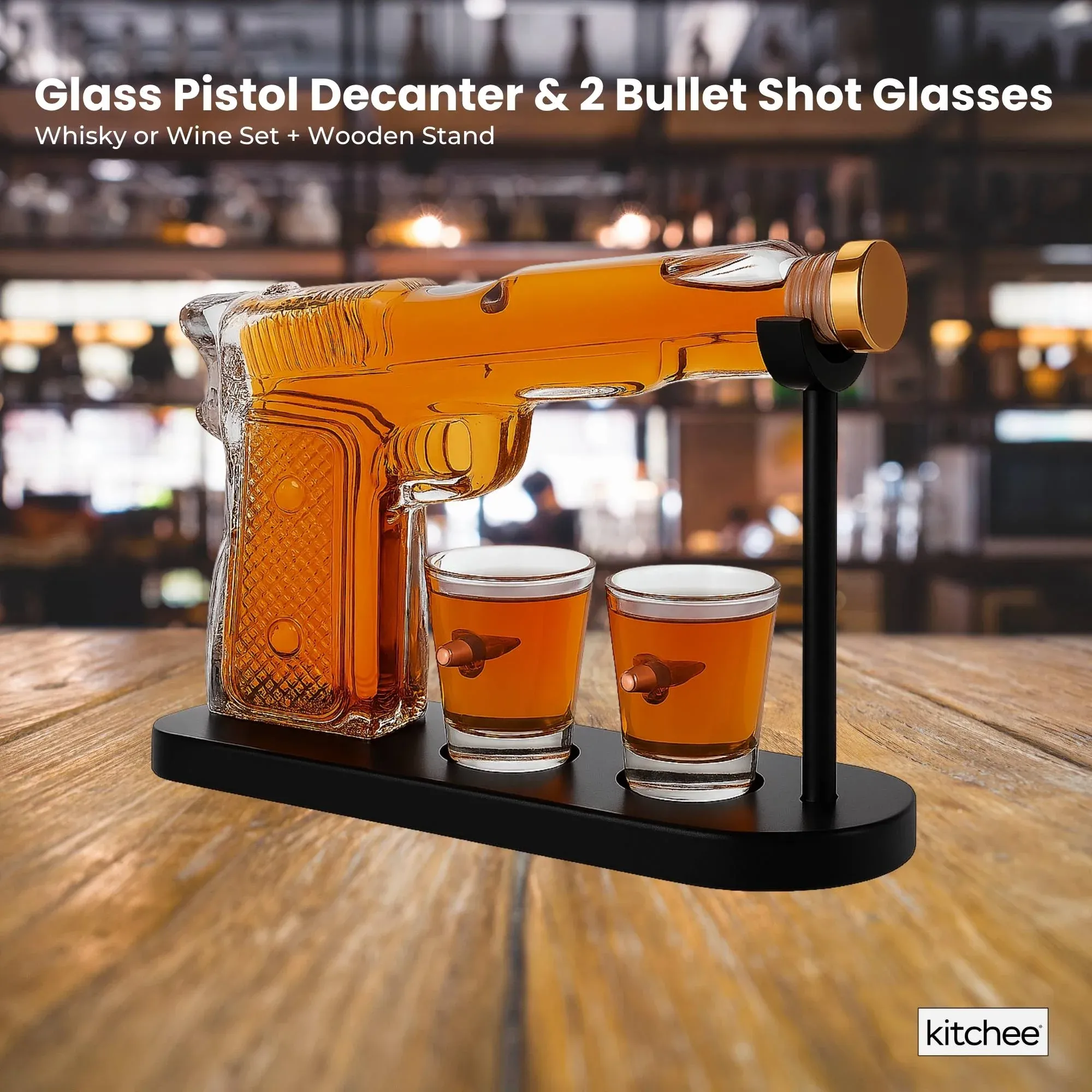 Kitchee 225mL Whisky or Wine Decanter Glass Pistol Set - 2 Glasses + Stand — image 2
