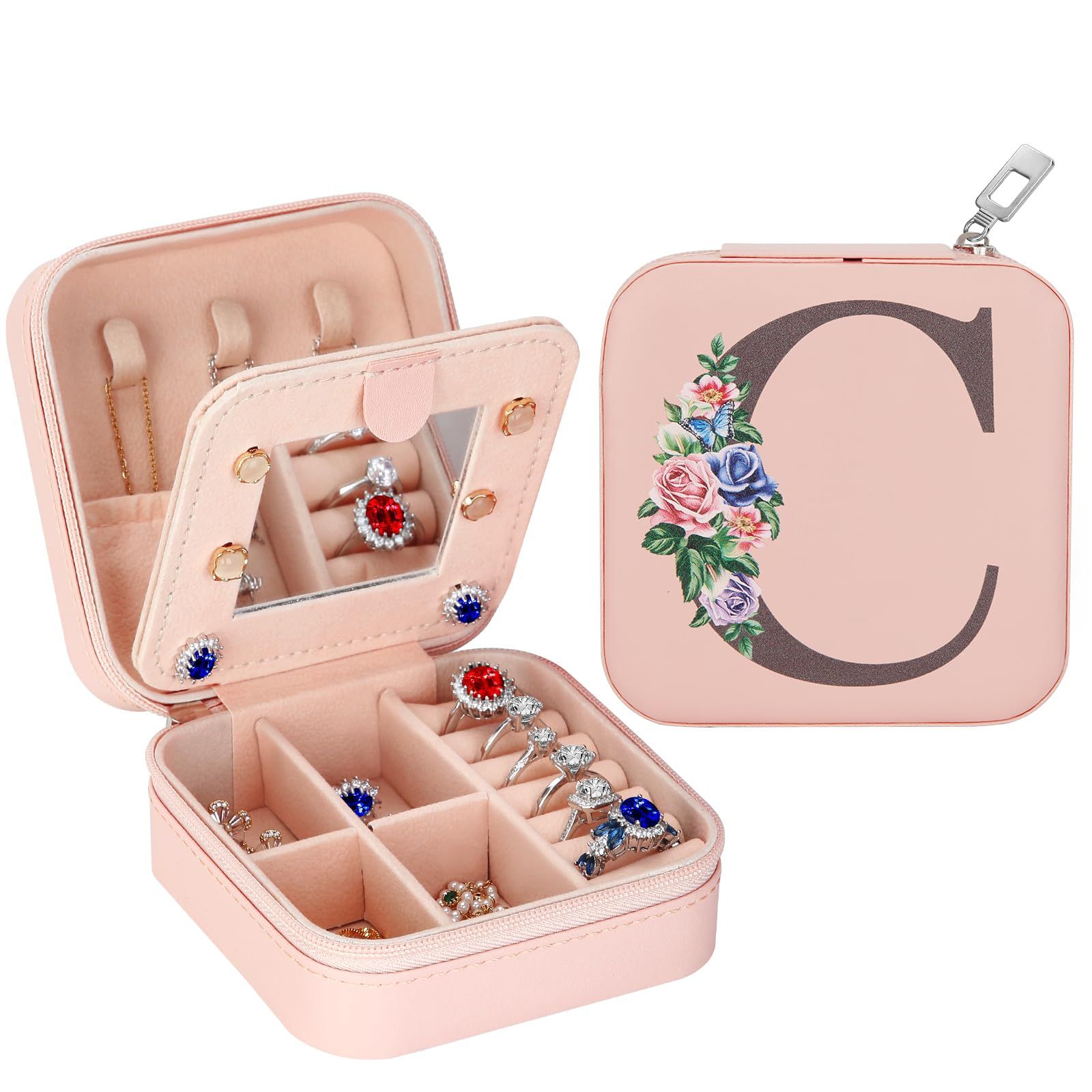 Travel Jewelry Case Small Jewelry Box Jewelry Organizer with Mirror, Ring Necklace Earring Jewelry Holder Organizer Box (C)