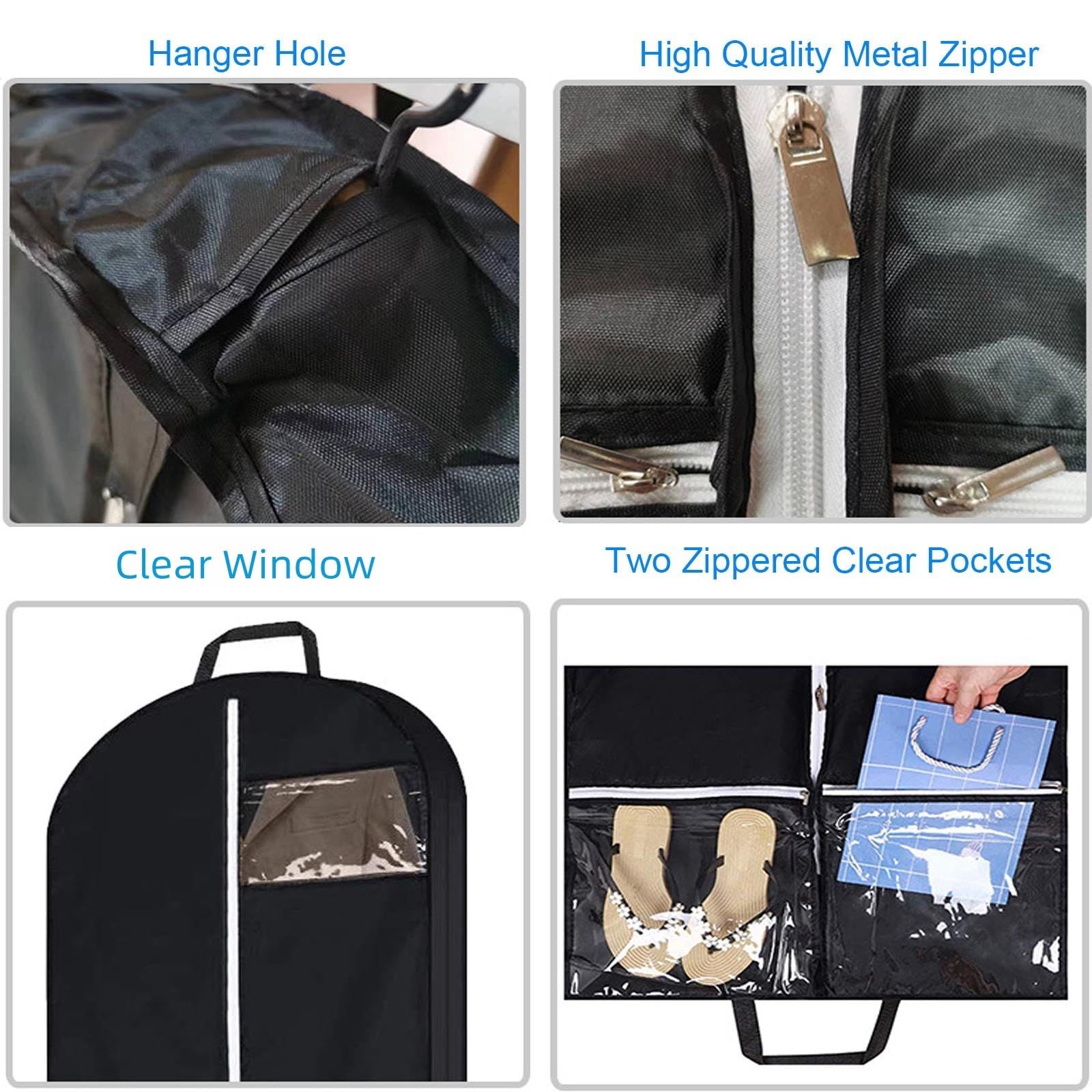 2 pack 50" Garment Bags for Travel and Clothes Storage with 2 Clear Pockets, Hanging Clothes Cover Suit Bag for Closet Storage with Handles for Suits, Dress — image 4