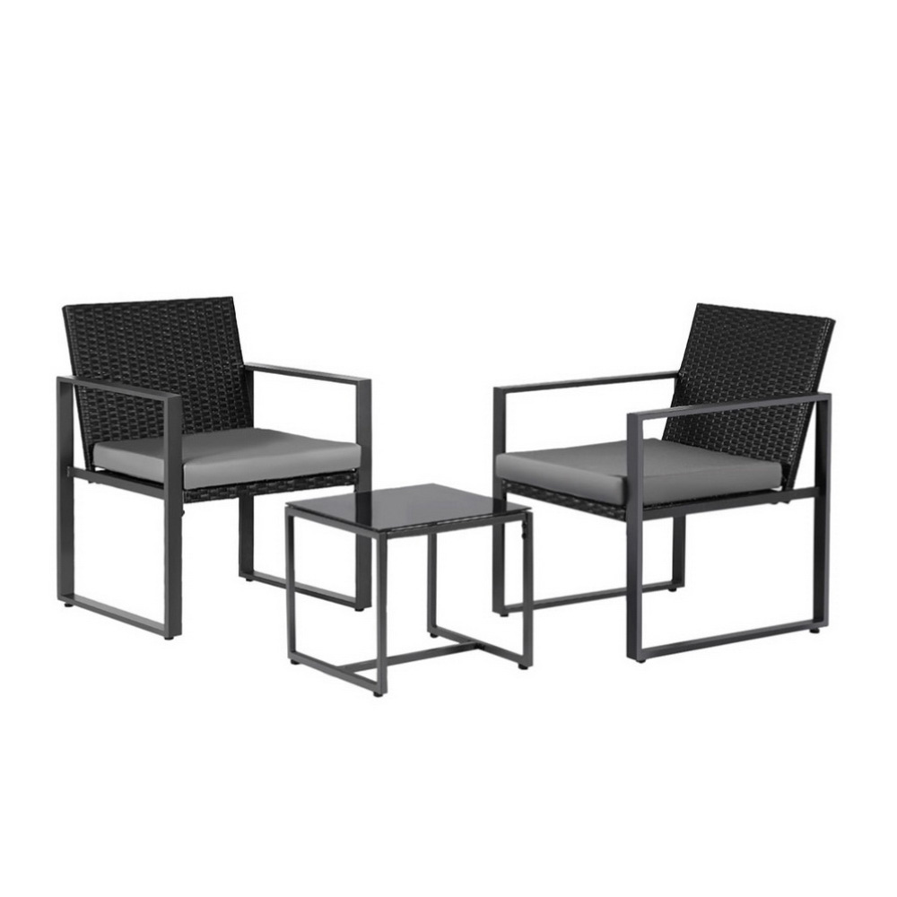 Gardeon 3PC Outdoor Bistro Set Patio Furniture Wicker Dining Chairs Table Cushion Black โ image 3