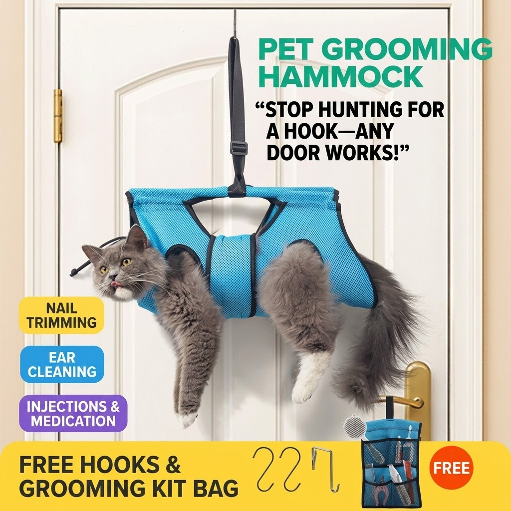 Suspended Pet Grooming Hammock with Adjustable Hanging Straps and Bonus Grooming Kit – Breathable Mesh Sling for Small Pets, Ideal for Nail Trimming, Ear
