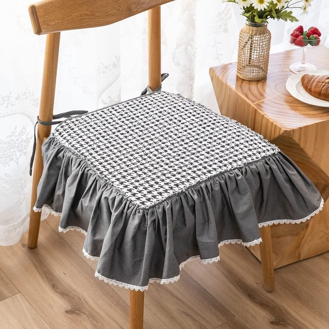 Chair Cushions Non Skid with Ruffles,Vintage Dining Chair Pad with Ties,Seat Cushion for Wedding Party Home Kitchen Decorations — image 2