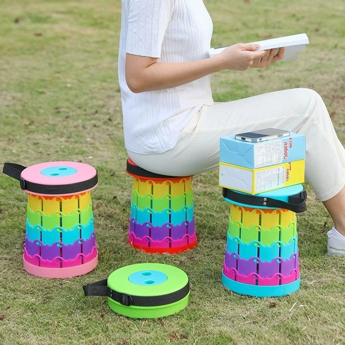 Telescoping Folding Camping Stool With Adjustable Height, 200 kg Capacity, Portable Strap, Rainbow, 6 to 45 cm, 25 cm Diameter โ image 3
