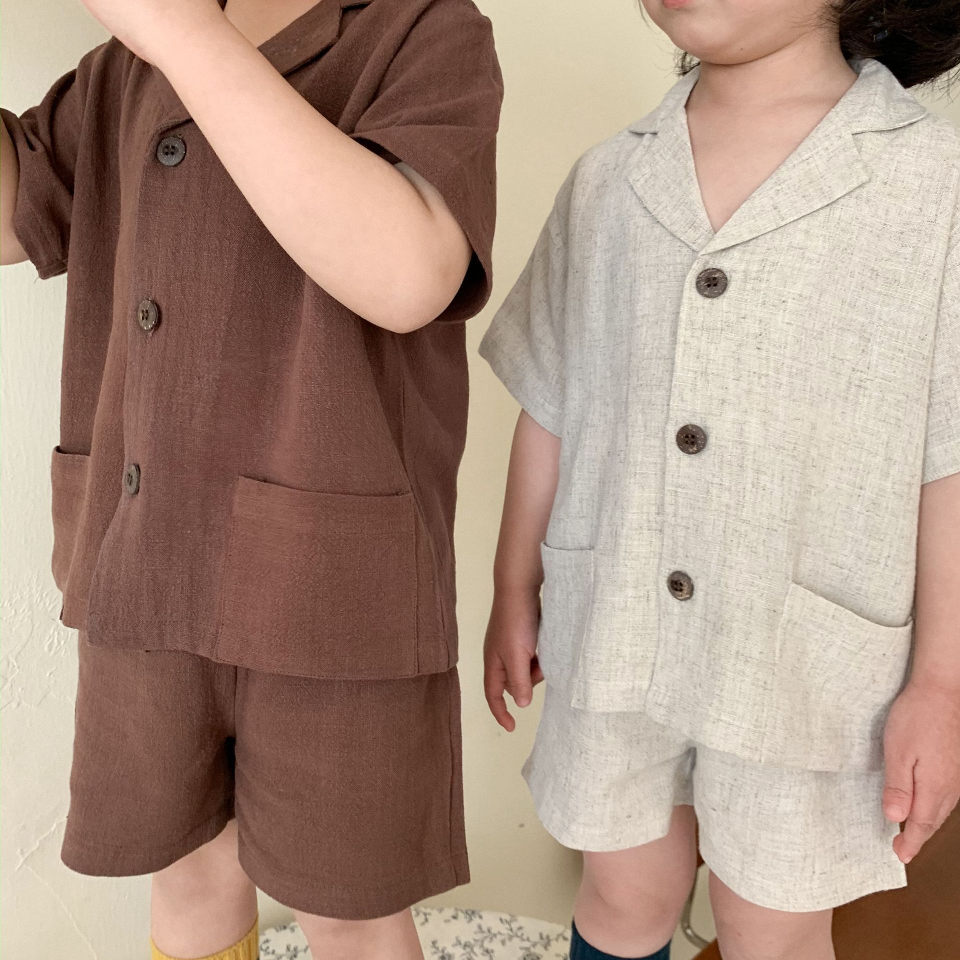 Kids Cotton Short Sleeve Shirt Shorts Set 21039 Curry 130cm โ image 5