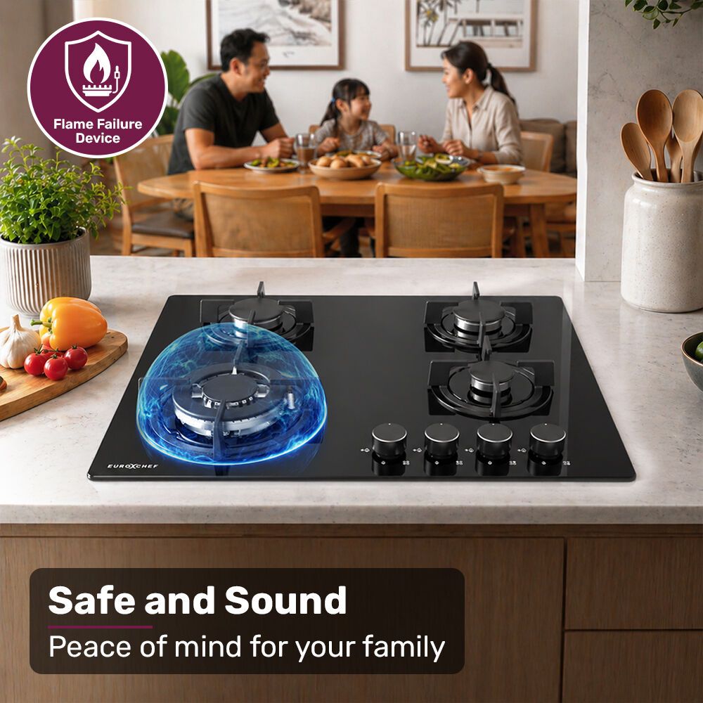 EUROCHEF 60cm 4 Burner Gas Cooktop, with Wok Burner, Tempered Glass, Natural Gas & LPG, Black — image 5