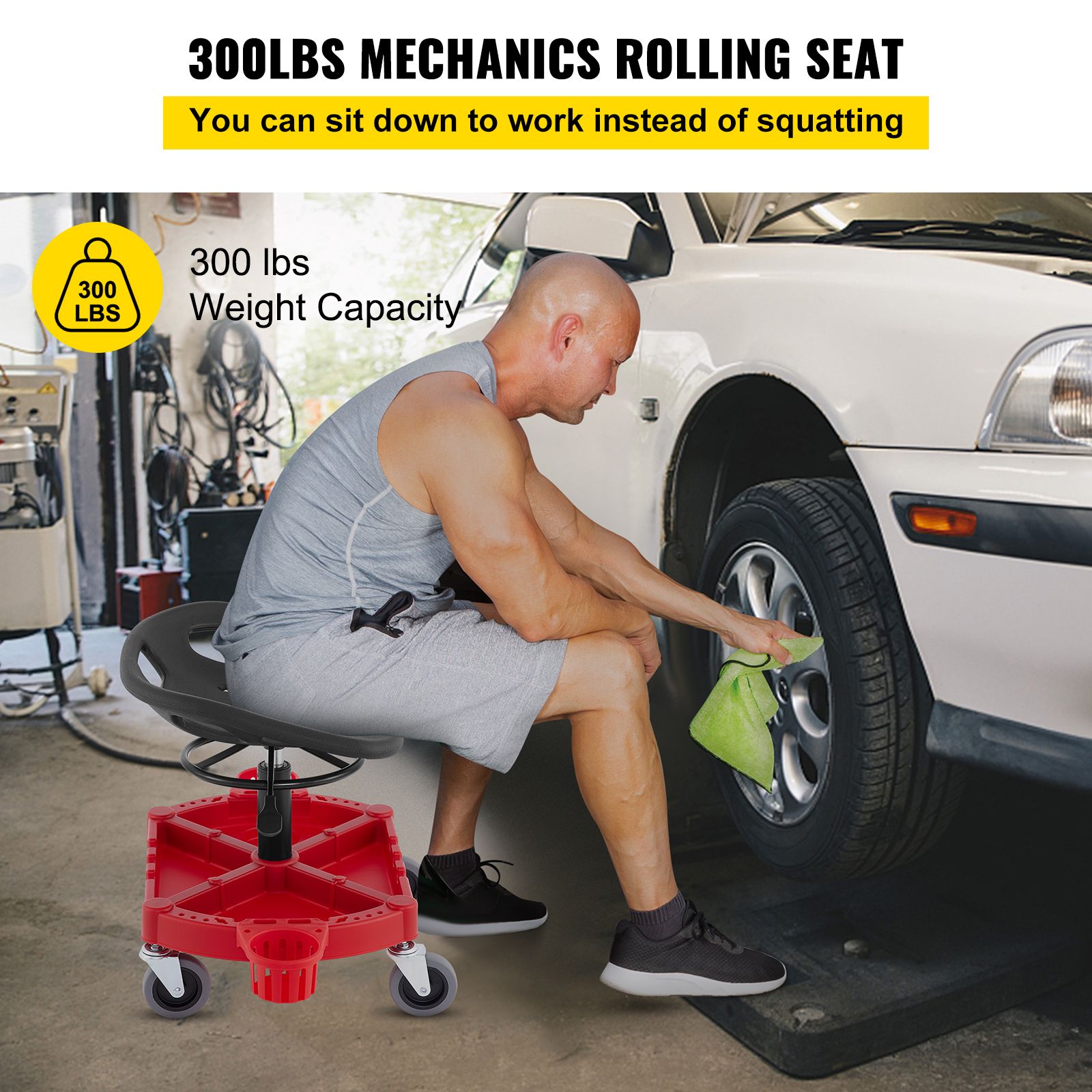 Rolling Garage Stool, 300LBS Capacity, Adjustable Height from 18 in to 23 in, 360-degree Swivel Wheels (4/"), Large Tool Tray with Two Bottle Holder, for โ image 2