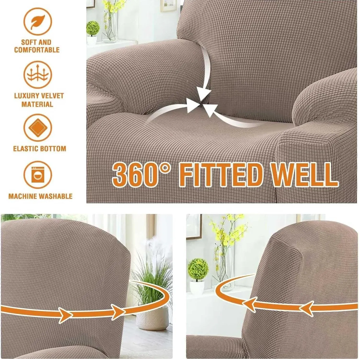 Recliner Slipcover High Stretch Soft Jacquard Fabric with Side Pocket for Standard Power Lift Recliner Beige, Letter E Option โ image 5