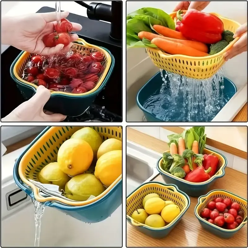 Double layer contrasting color fruit and vegetable drain basket, INS style design for both draining and storage, multiple sizes stackable, healthy PP material — image 6