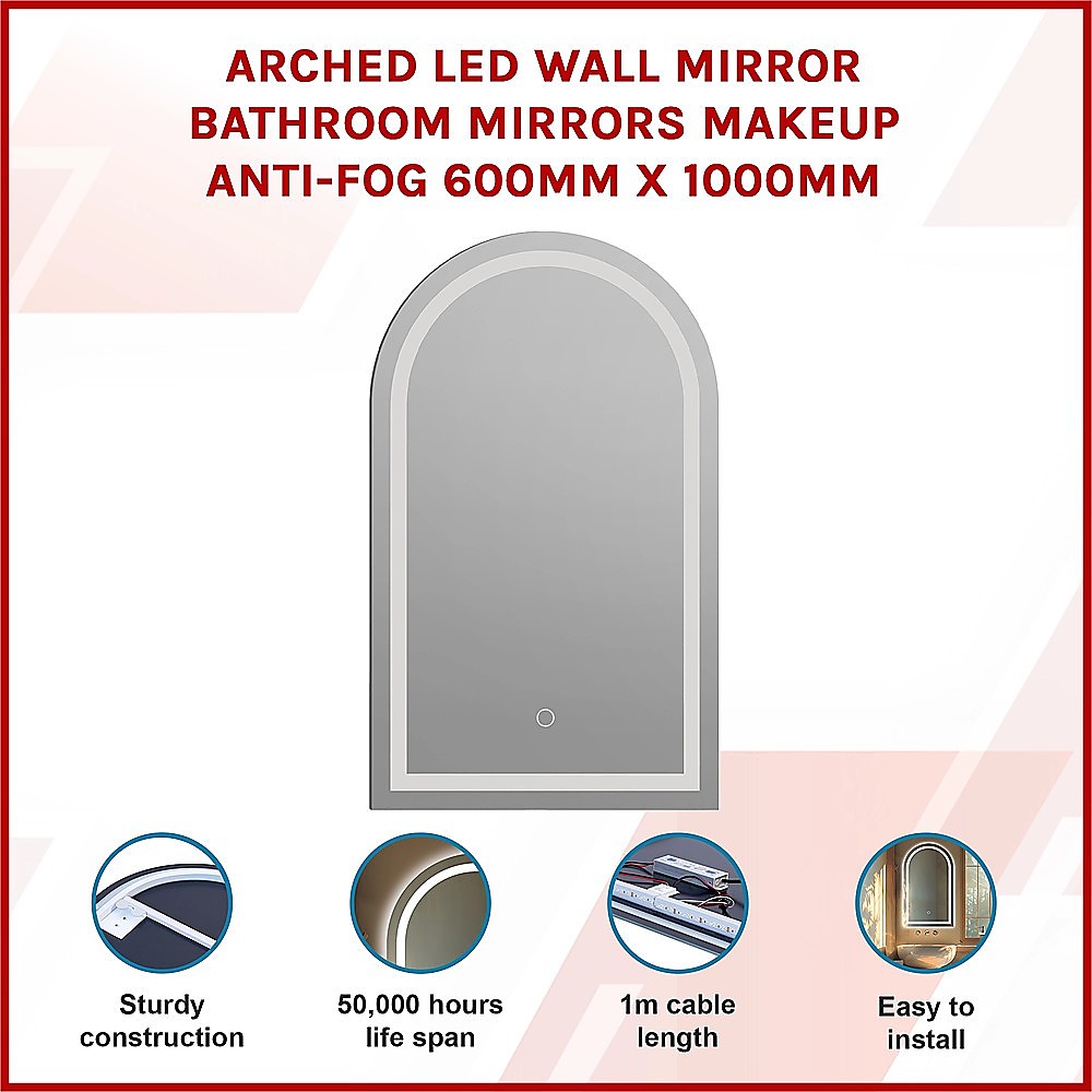 Arched LED Wall Mirror Bathroom Mirrors Makeup Anti-fog 600mm x 1000mm โ image 3