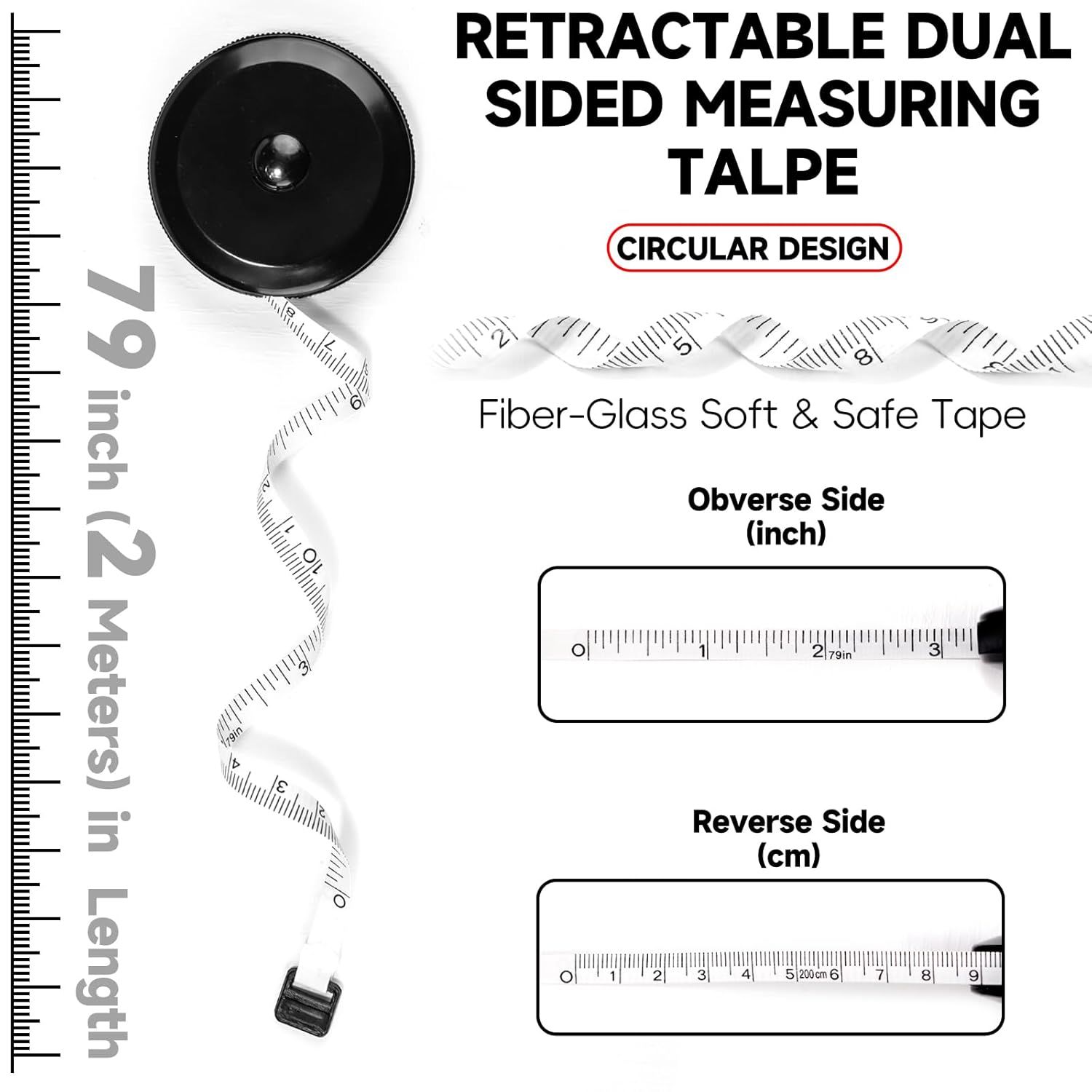1 Pack Soft Tape Measure Retractable Measuring for Body Fabric Sewing Tailor,Black Sewing Tape Measures,Small Push ButtonDouble Scales Rulers 79-inch 2 — image 2