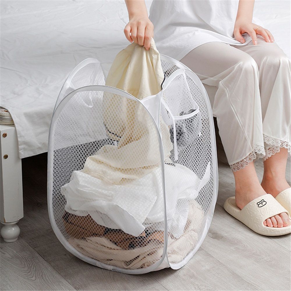 2 Pack Durable Collapsible Laundry Baskets - Reinforced Mesh Pop Up Laundry Hamper with Pocket, Foldable Dirty Clothes Hamper with Carry Handles for Laundry — image 2