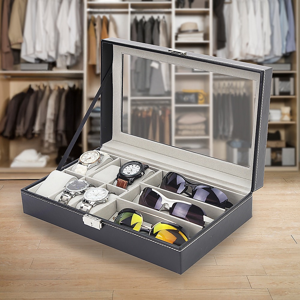 6+3 Grid Watch Sunglass Eyeglasses Display Box Case Storage Organizer PU Leather — image 6
