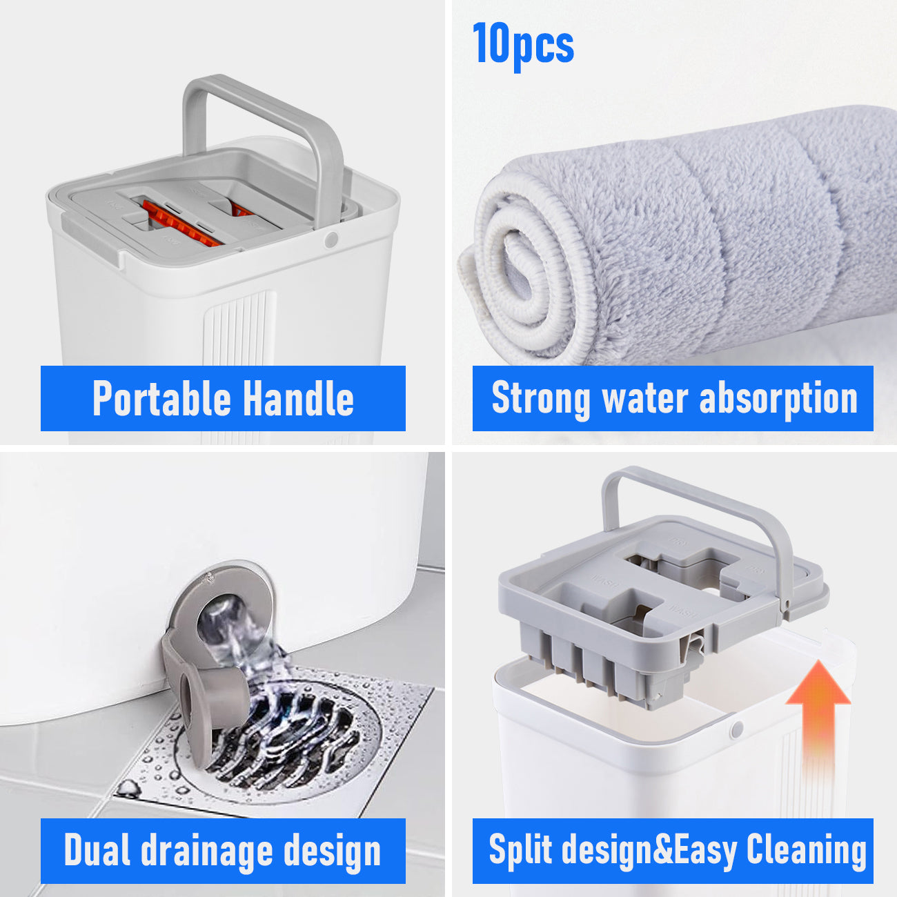 Flat D Set Mop and Bucket Wringer Set with Stainless-Steel Handle 10 Washable and Reusable Microfiber Pads for Hardwood Laminate Floors Tile โ image 5
