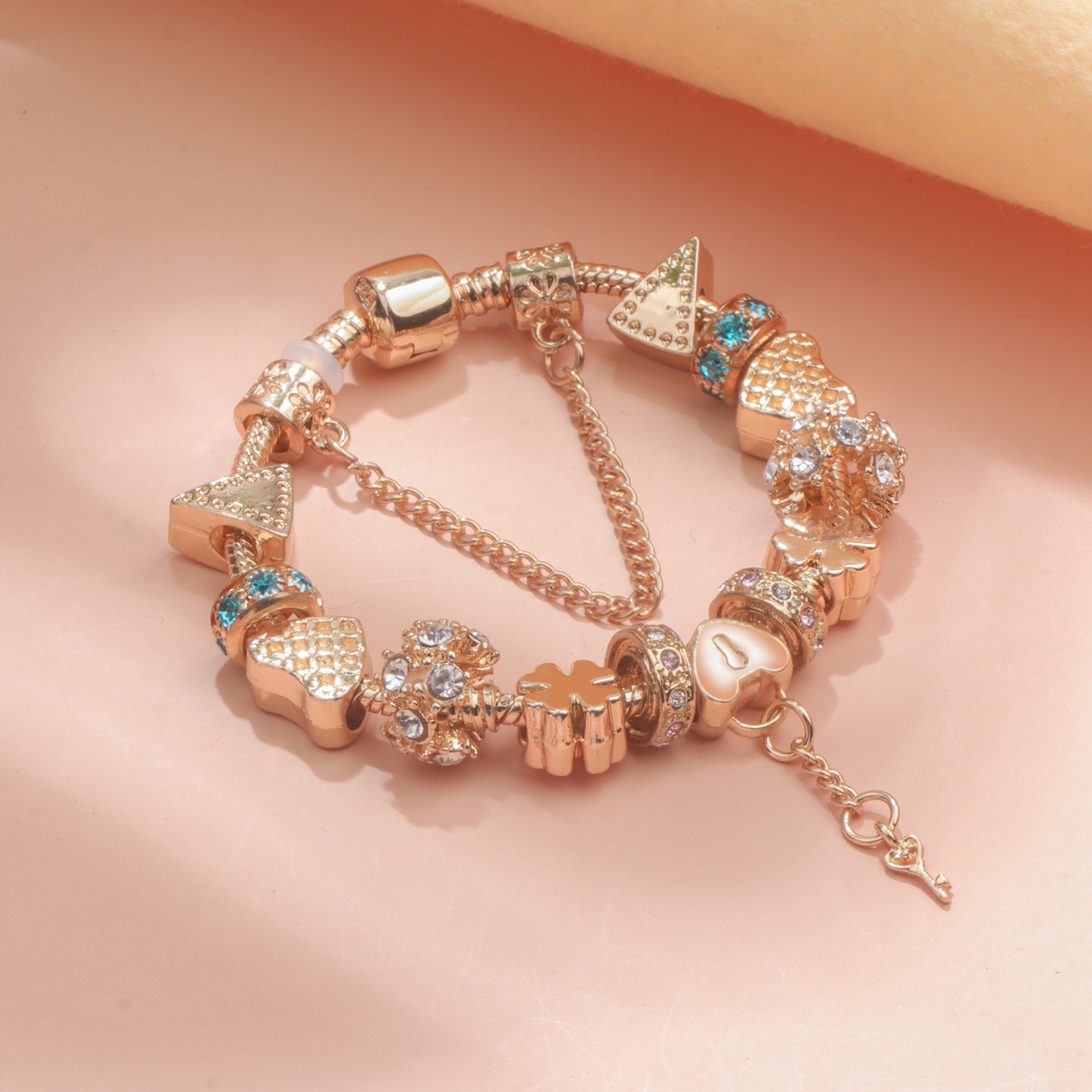 Rose Gold DIY Charm Bracelet with Crystal Heart, Clover & Key Pendant, Romantic Beaded Bracelet(18cm) โ image 4