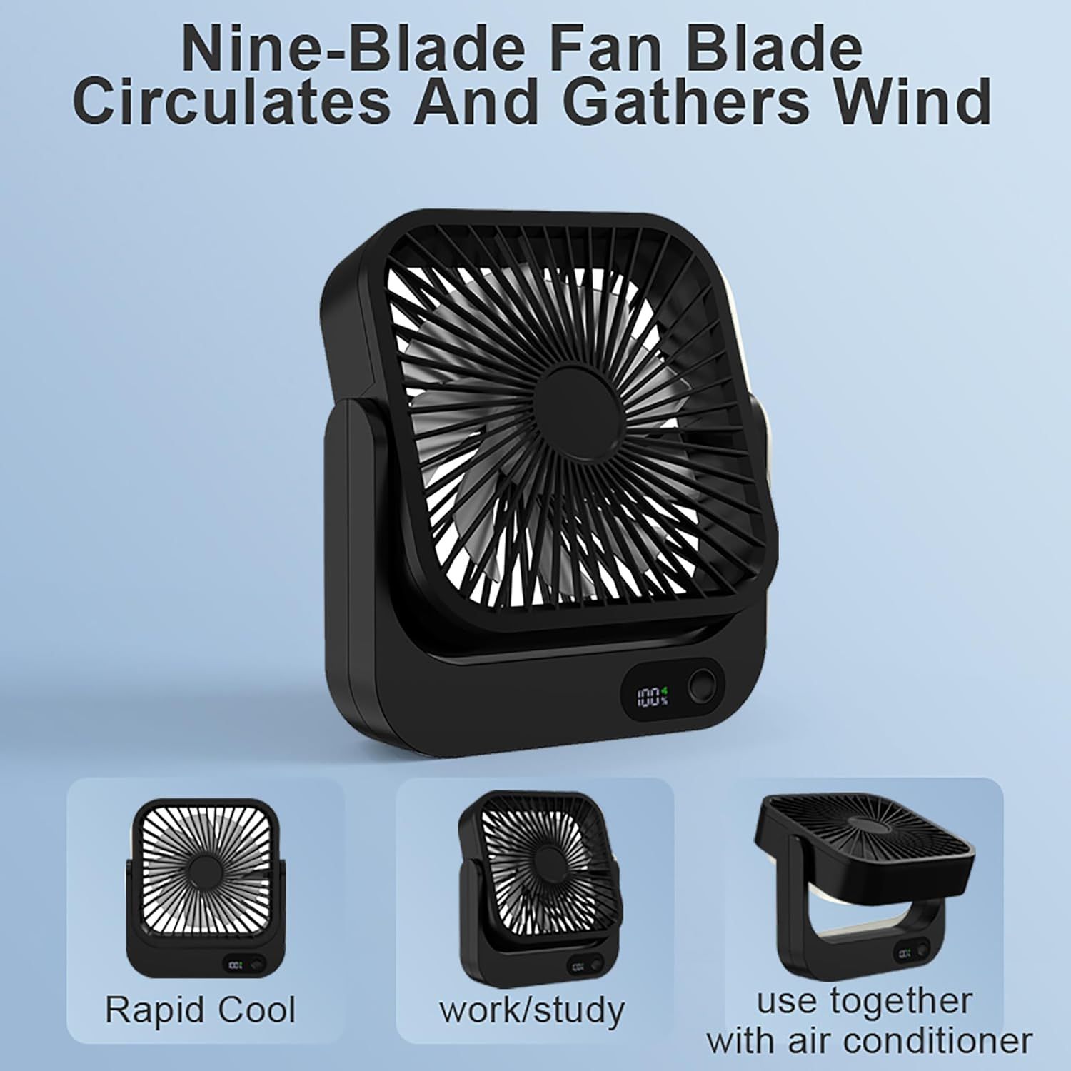 Magnetic Rechargeable Mini Desk Fan with 5-Speed LED Display for Office, Dorm & Bedside Use (Black) — image 5