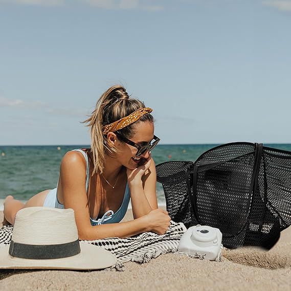 Beach mesh tote bag, foldable summer hobo bag for women, sand-proof, large shoulder bag, 35*17*37cm, vacation, travel, picnic, and shopping(Bla — image 2