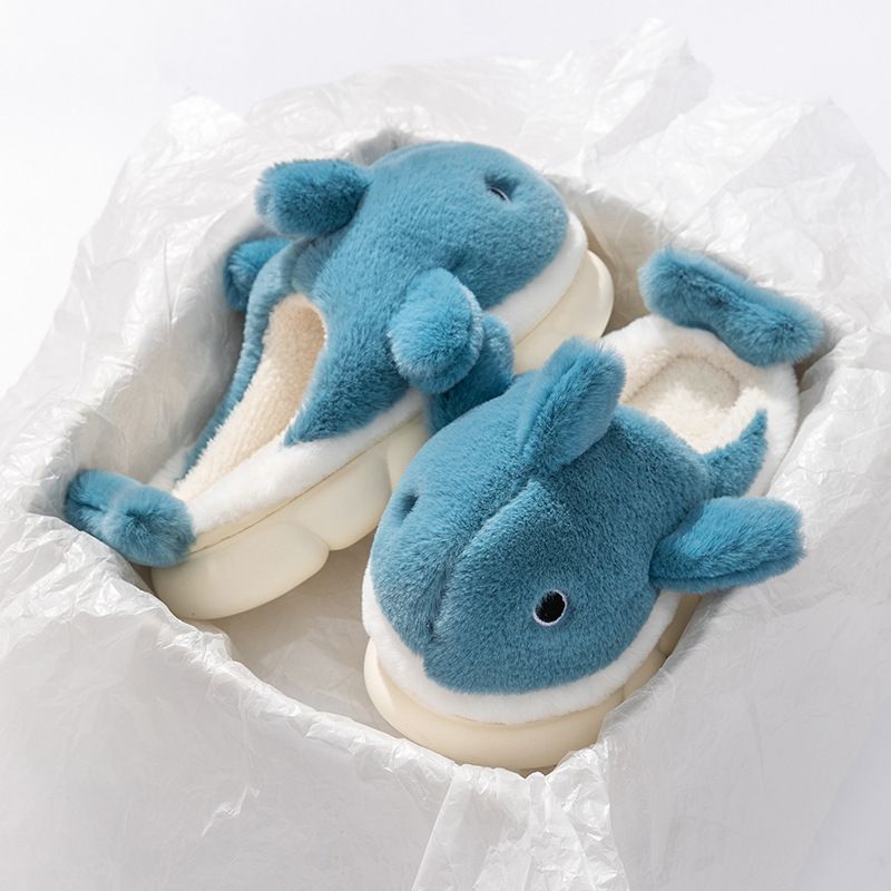 Blue Cartoon Shark Plush Slippers for Men Women, Winter Indoor Warm Cotton Slippers with Soft Comfortable Thick Soles, Non-Slip Durable PVC Size 42-43 โ image 3