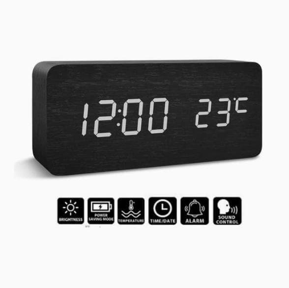 Brown Digital LED Alarm Clock with USB Charger, 12/24h LCD Display, Silent Wooden Design for Bedrooms and Travel — image 4