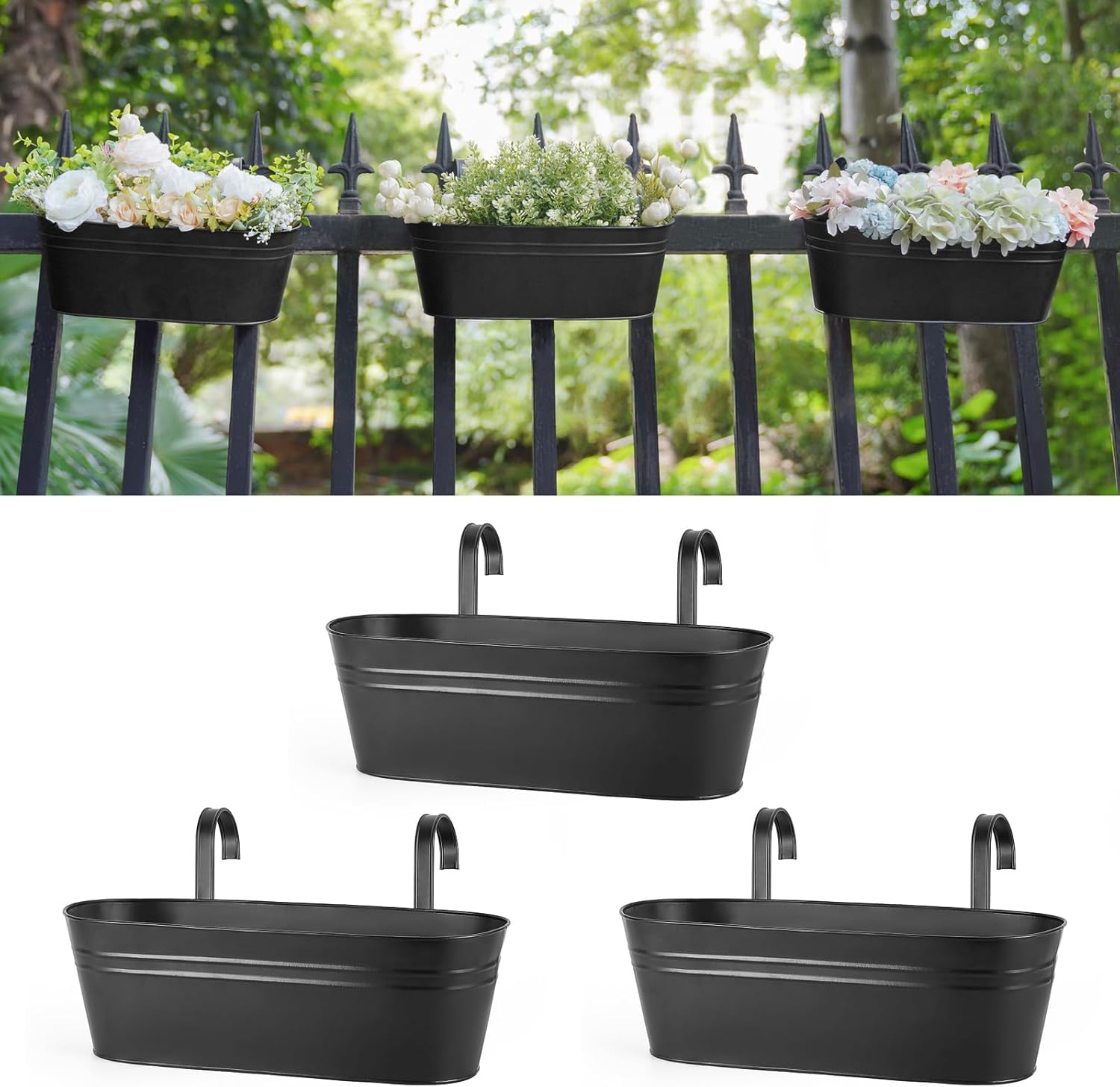 3 Pcs Metal Hanging Flower Pots for Railing Fence Outdoor Planter 15.7 Inch Hanging Bucket Pots Countryside Window Flower Plant Holder with Detachable Hooks