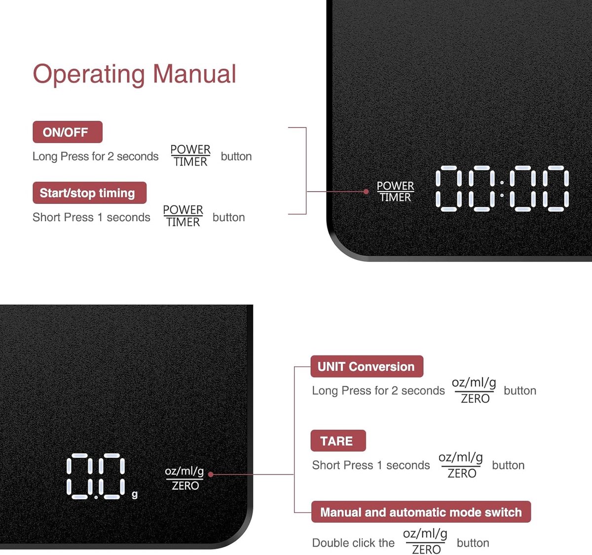 Coffee Scale - Digital Coffee Scale with Timer - Rechargeable for Filter Coffee, 3 kg / 0 g Digital Espresso Scale - with Peeling Function - 3 Units, LED — image 4