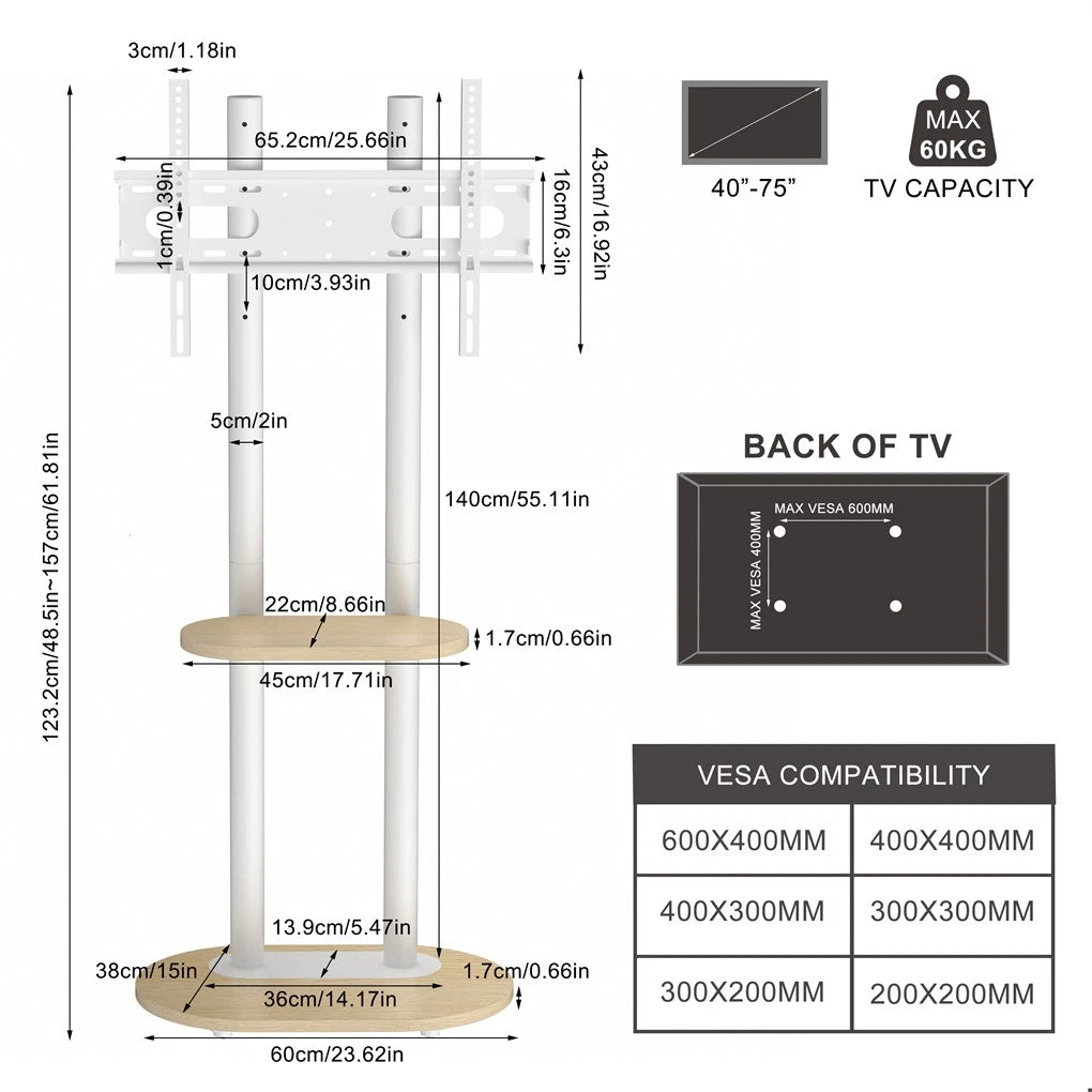 40-75 Inches Heavy Duty Mobile TV Floor Stand with Wooden Shelf, Height Adjustable Rolling TV Mount for Flat Screen, Free-Standing Steel TV Bracket with Wheels — image 3