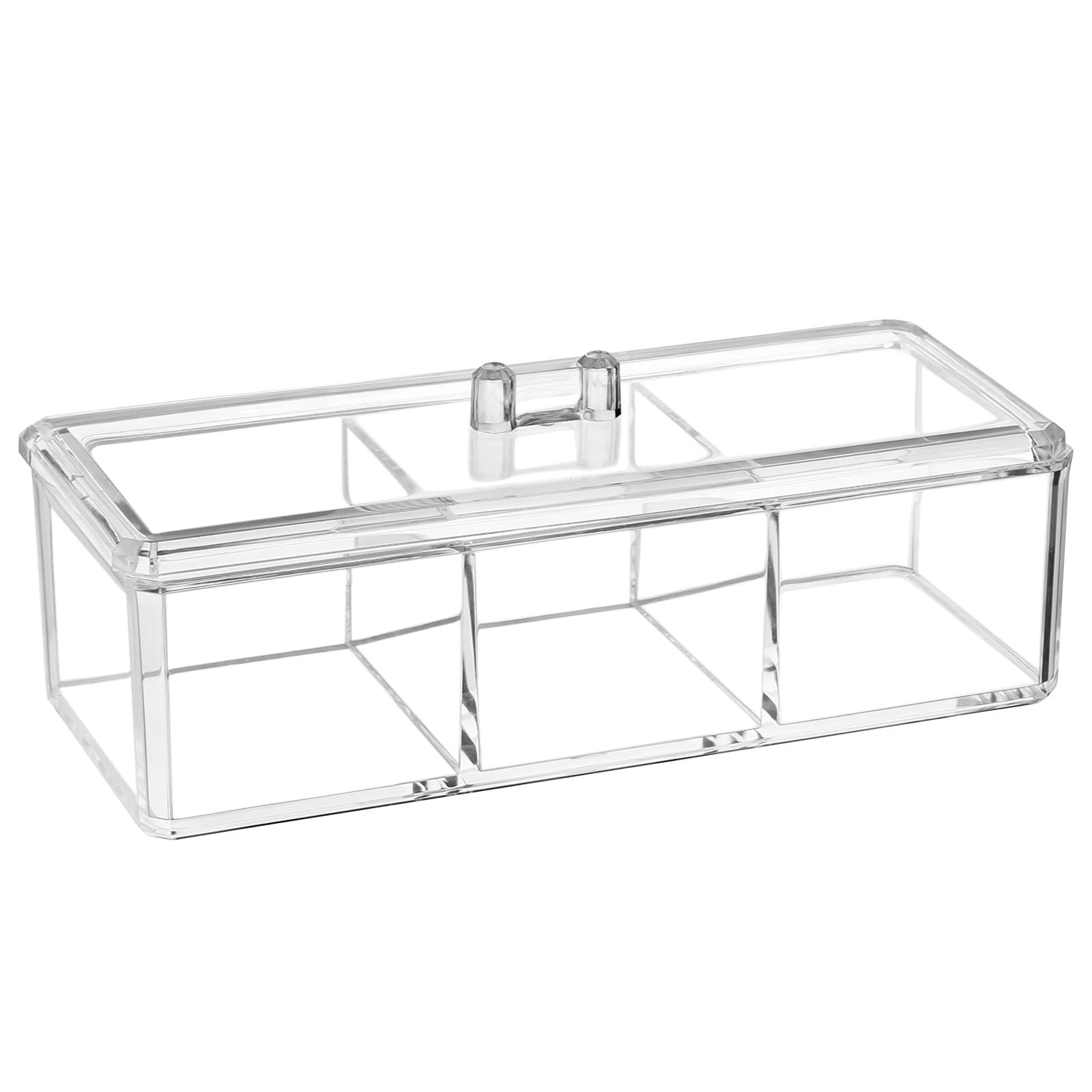 Organizer, Clear Acrylic Vanity Desk Storage and Organizer, 3 Compartment Make Up Holder with Lid Bathroom 9.17x3.7X3.46 Inch