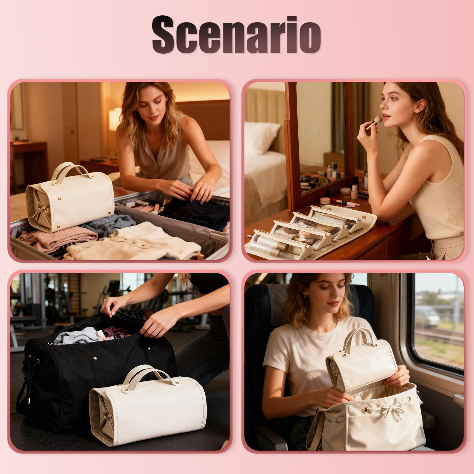 4-in-1 Expandable Makeup Bag with Removable Pockets – Waterproof Travel Cosmetic Organizer for Women, Large Capacity Vanity Case with Hanging Design (White) — image 5