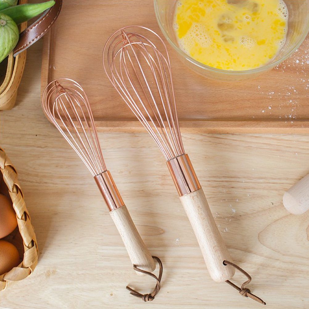 Wooden Handle Stainless Steel Whisk Egg Beater Rose Gold Mixing Cooking Tools Firm Durable Cream Frother Baking Utensils — image 5