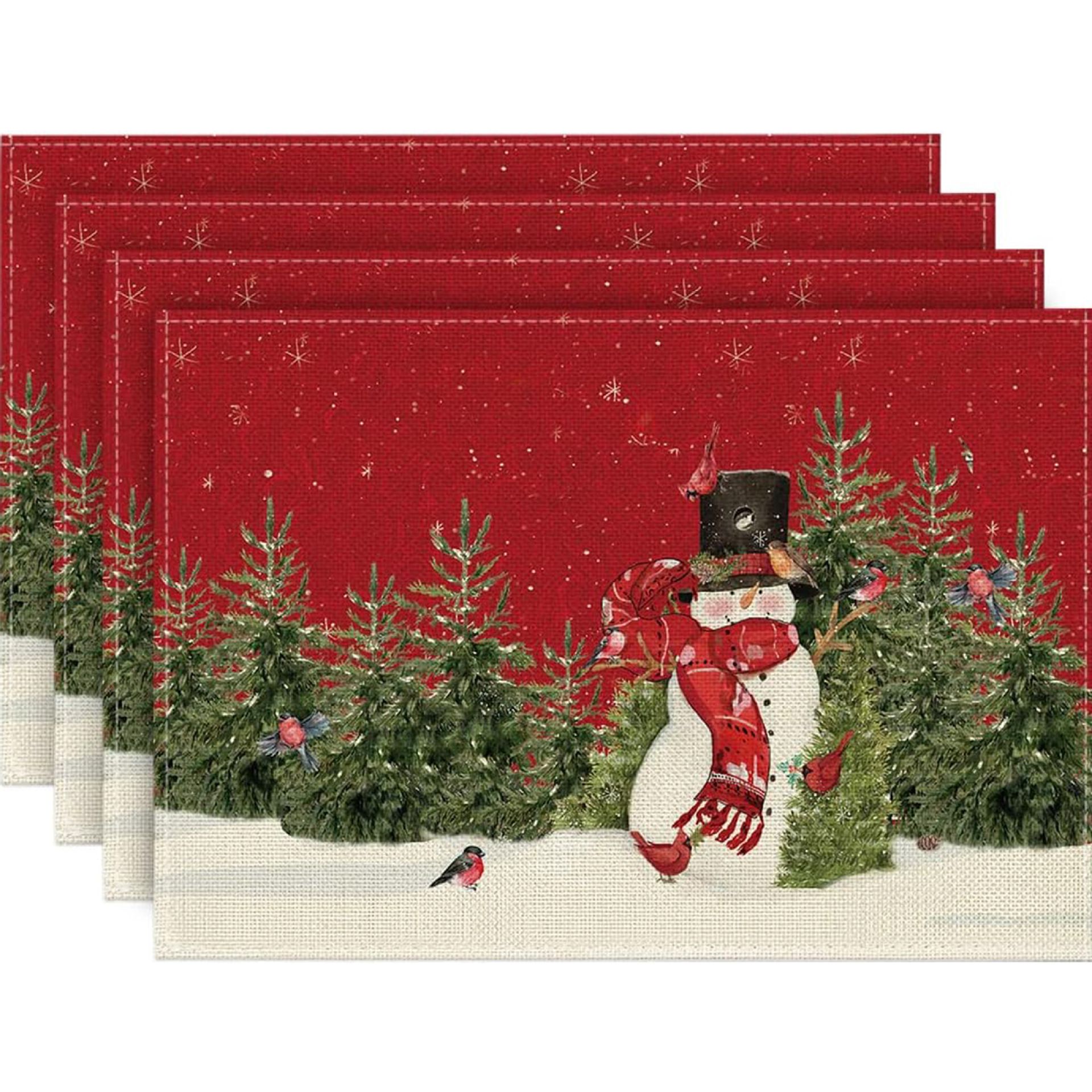 4pcs,Snowman Cardinal Tree Christmas Table Mat, Seasonal Winter Bird Christmas Holiday Rural Retro Thanksgiving Washable Table Mat