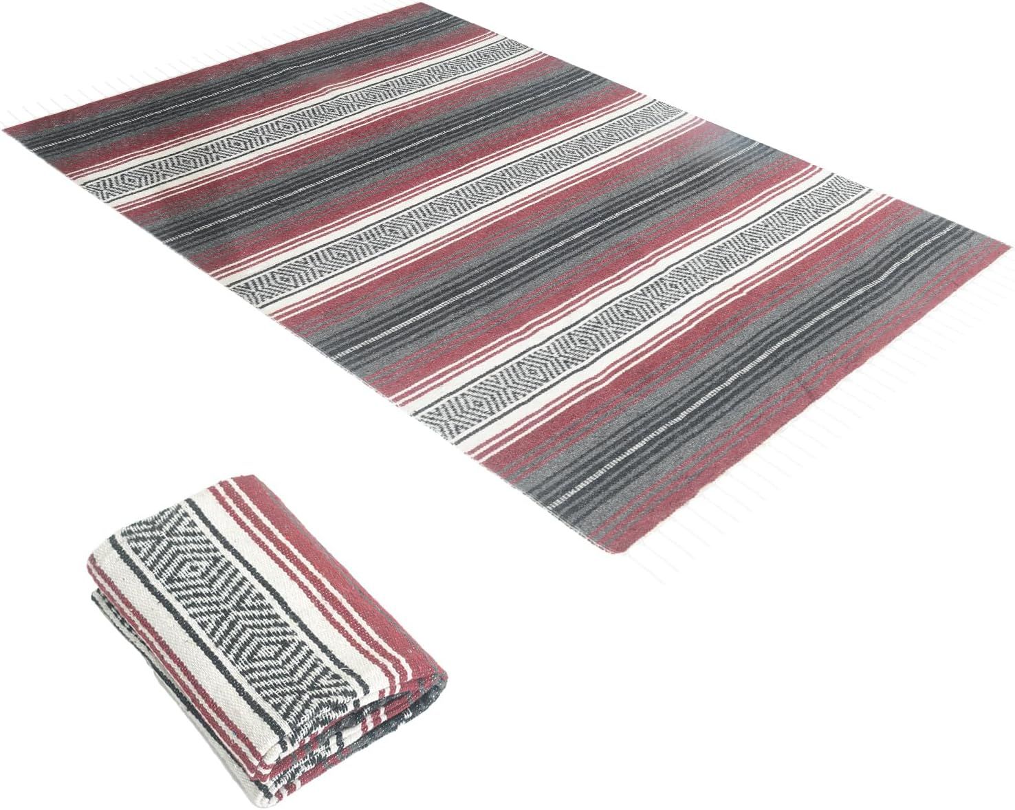 Handwoven Mexican Blanket, Lightweight Throw for Yoga, Beach, Camping, Picnics, Home Decor and Outdoor Events, Burgundy