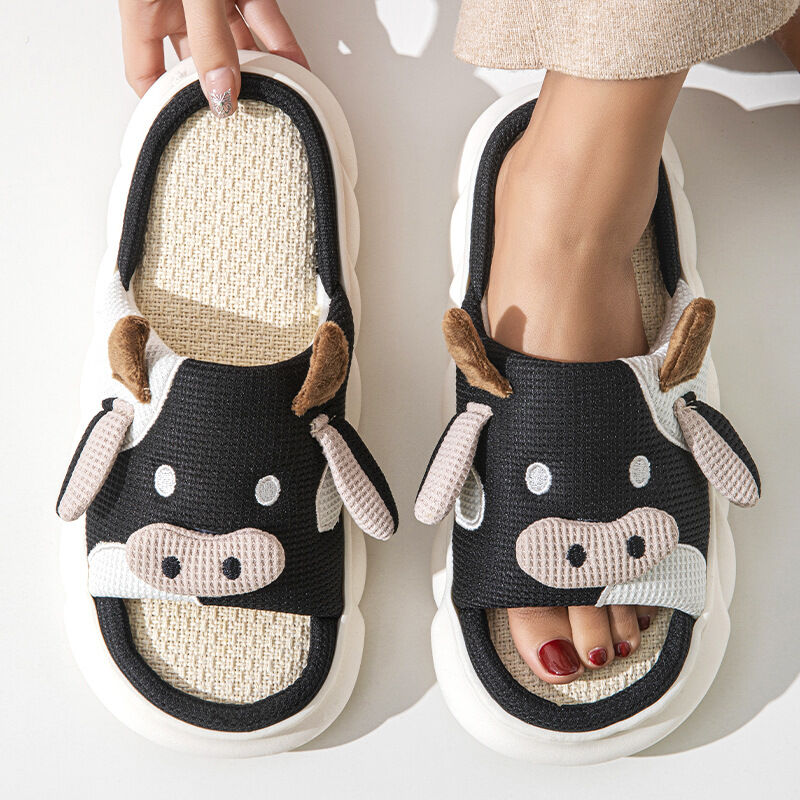 Unisex Cow Cartoon Linen Slippers: EVA Thick Sole Non-Slip Beach Sandals for Couples & Parent-Child, 7 Styles(black-35-36) โ image 2